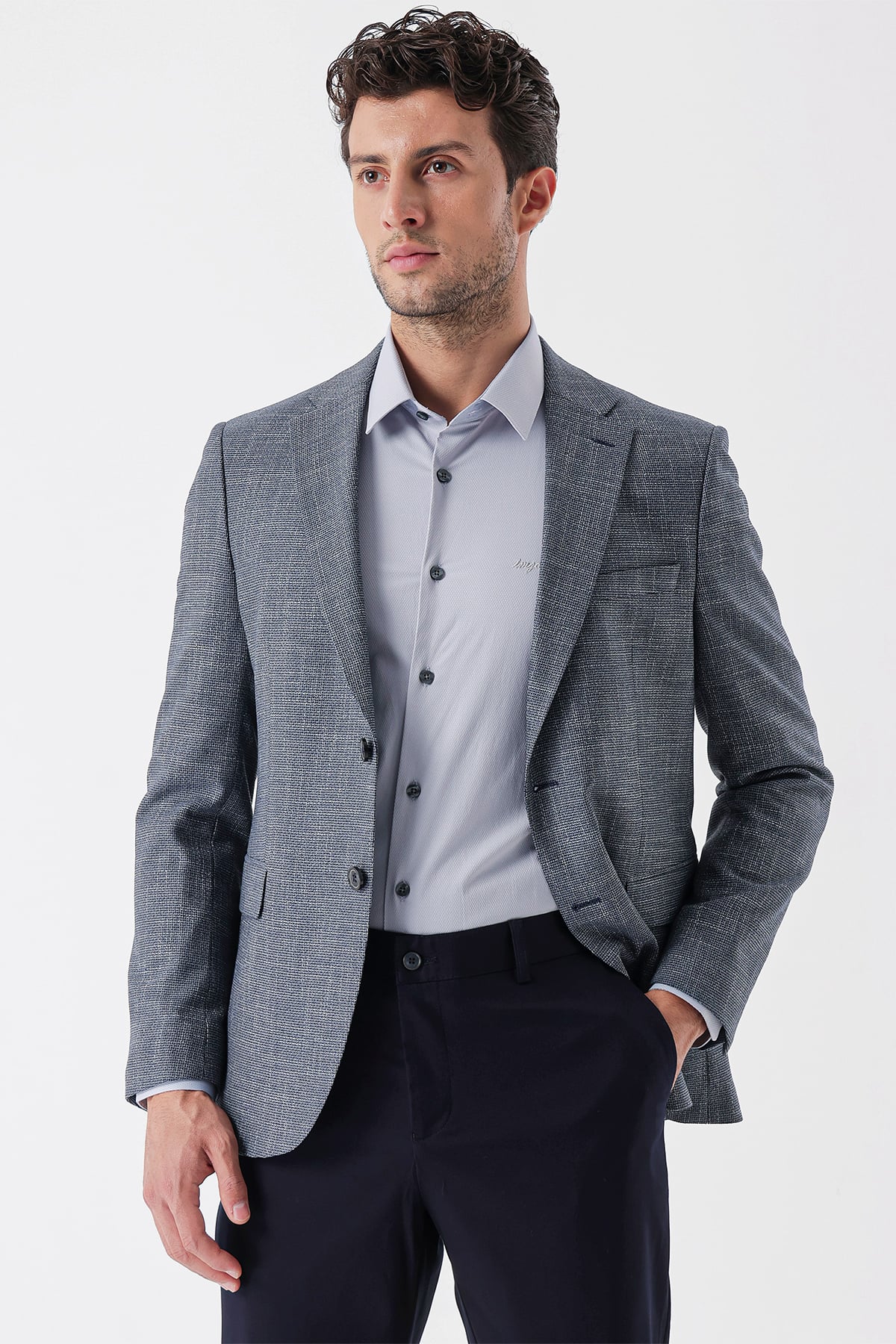 Lacivert Armürlü Mono Yaka Çift Yırtmaç 6 Drop Slim Fit Klasik Ceket 1002235133
