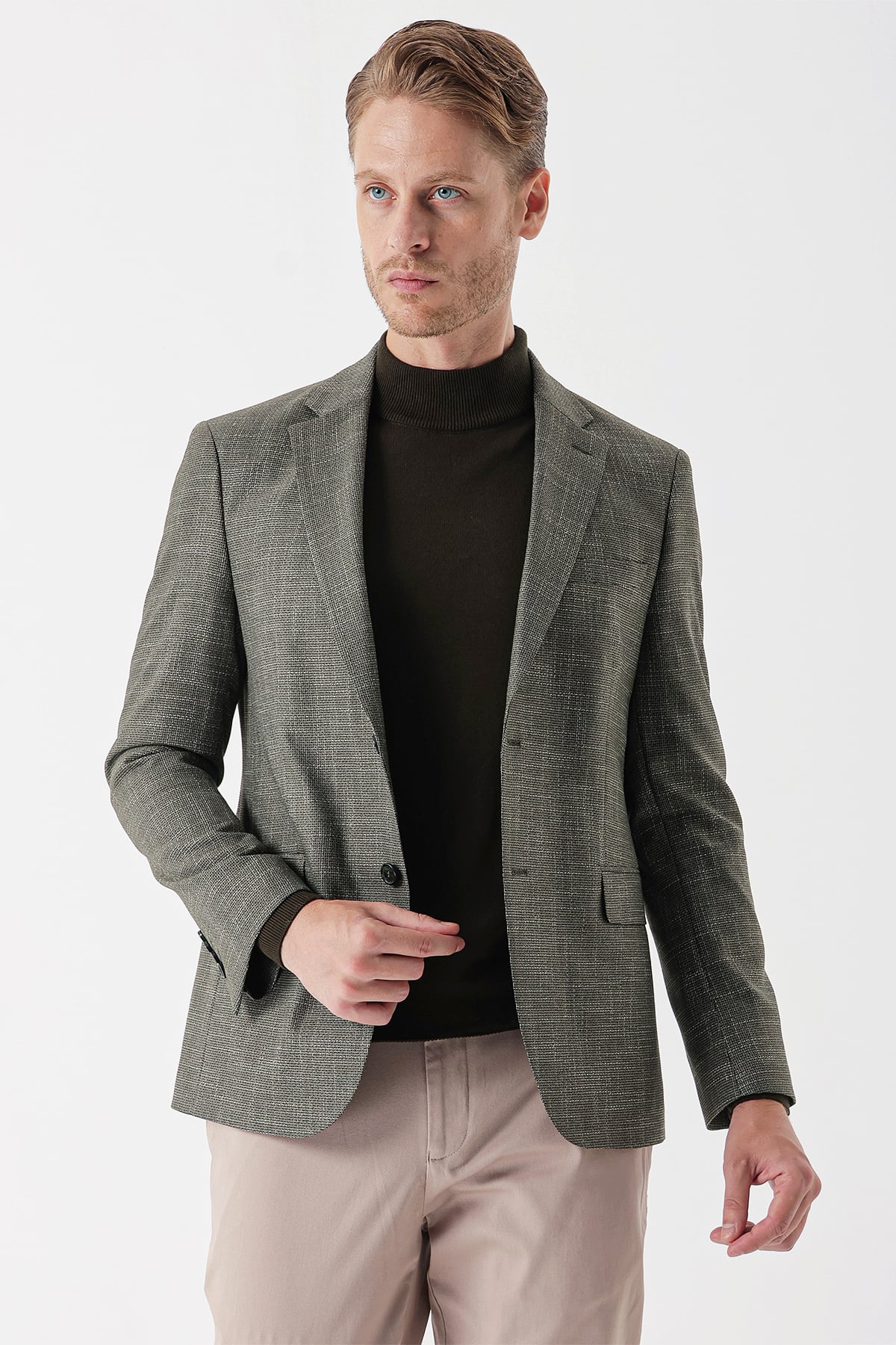 Haki Armürlü Mono Yaka Çift Yırtmaç 6 Drop Slim Fit Klasik Ceket 1002235133