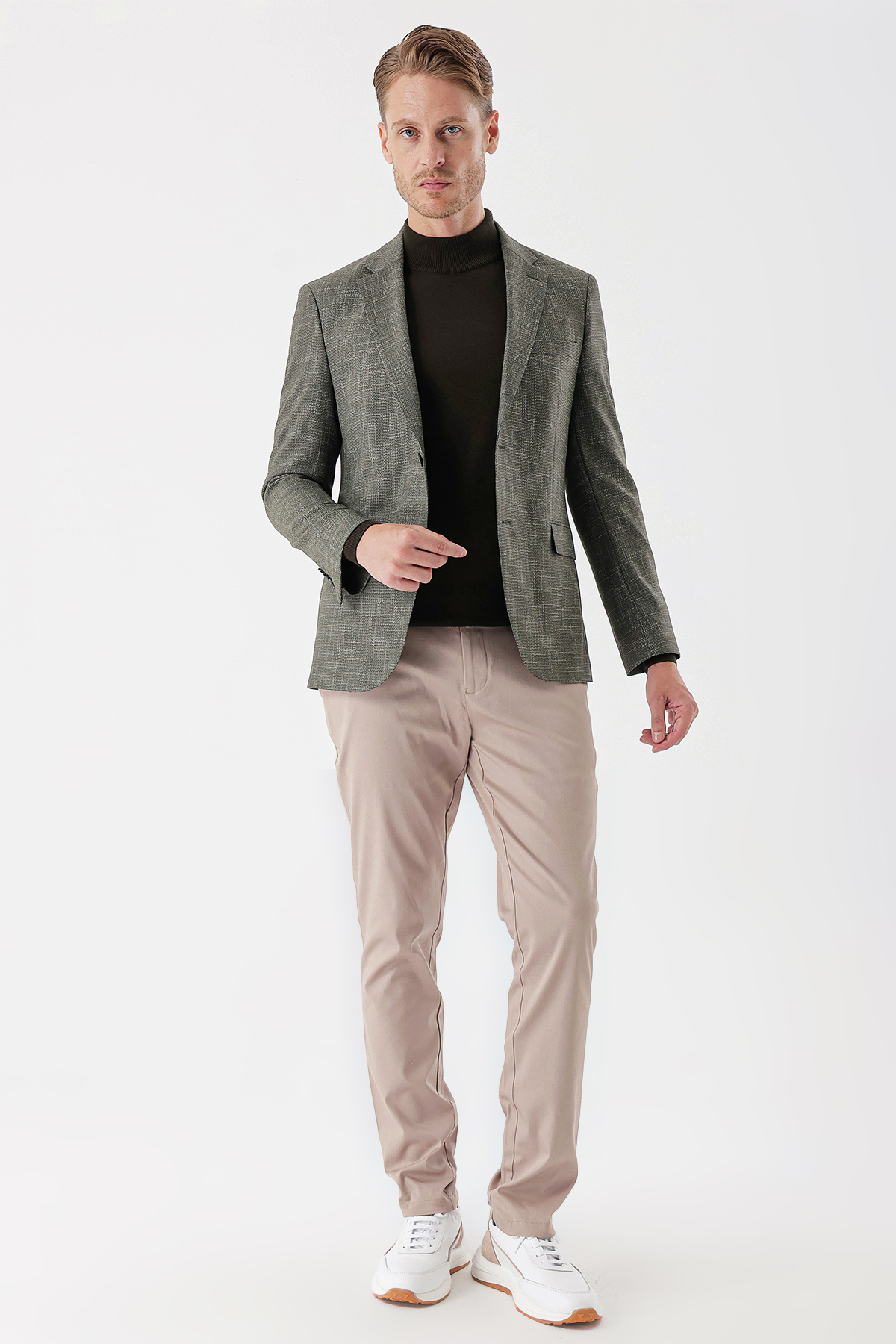 Haki Armürlü Mono Yaka Çift Yırtmaç 6 Drop Slim Fit Klasik Ceket 1002235133