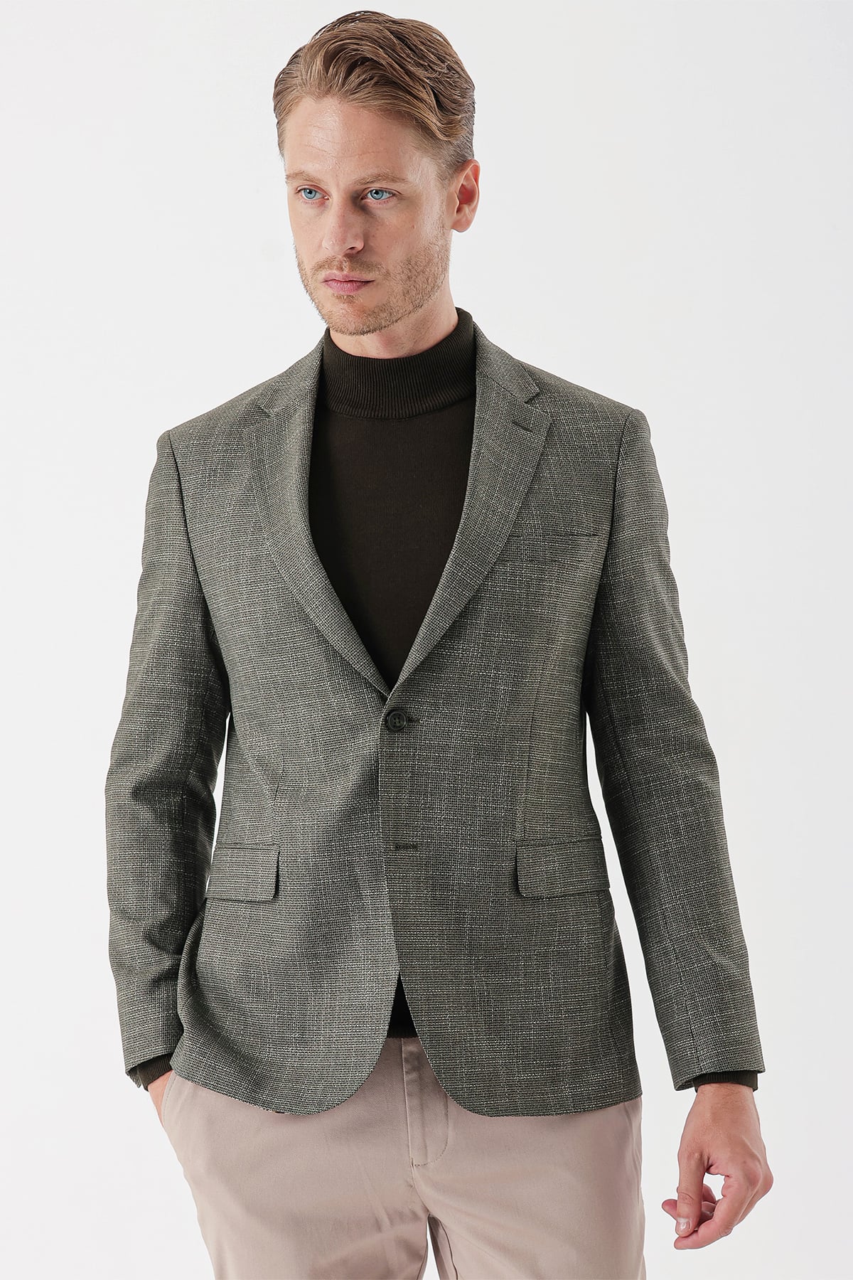 Haki Armürlü Mono Yaka Çift Yırtmaç 6 Drop Slim Fit Klasik Ceket 1002235133
