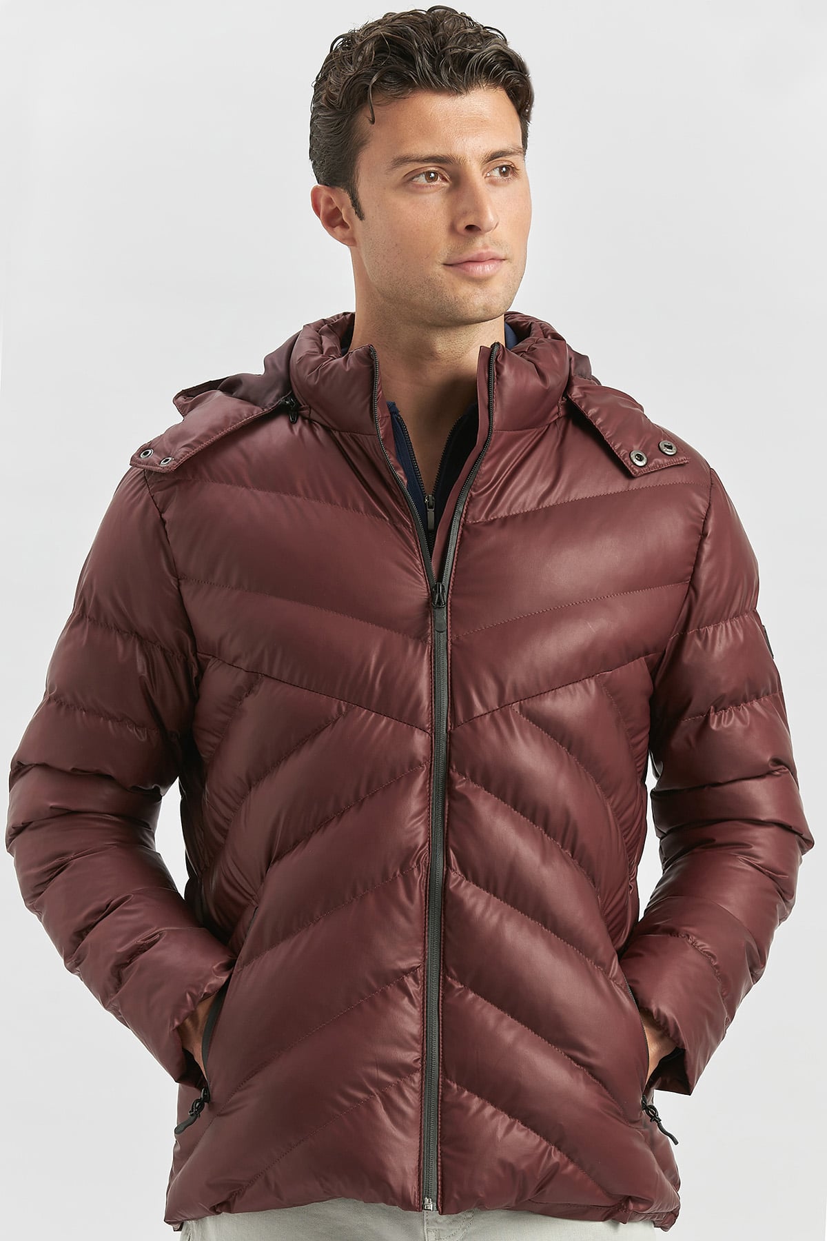 Bordo Dolumlu Çıkarılabilir Kapüşonlu Astarlı Slim Fit Dar Kesim Casual Mont 1007245151