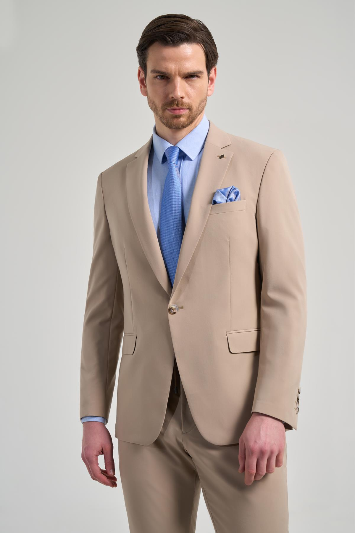Bej Mono Yaka Beli Lastikli 6 Drop Slim Fit Tam Astar Esnek Takım Elbise 1001250155