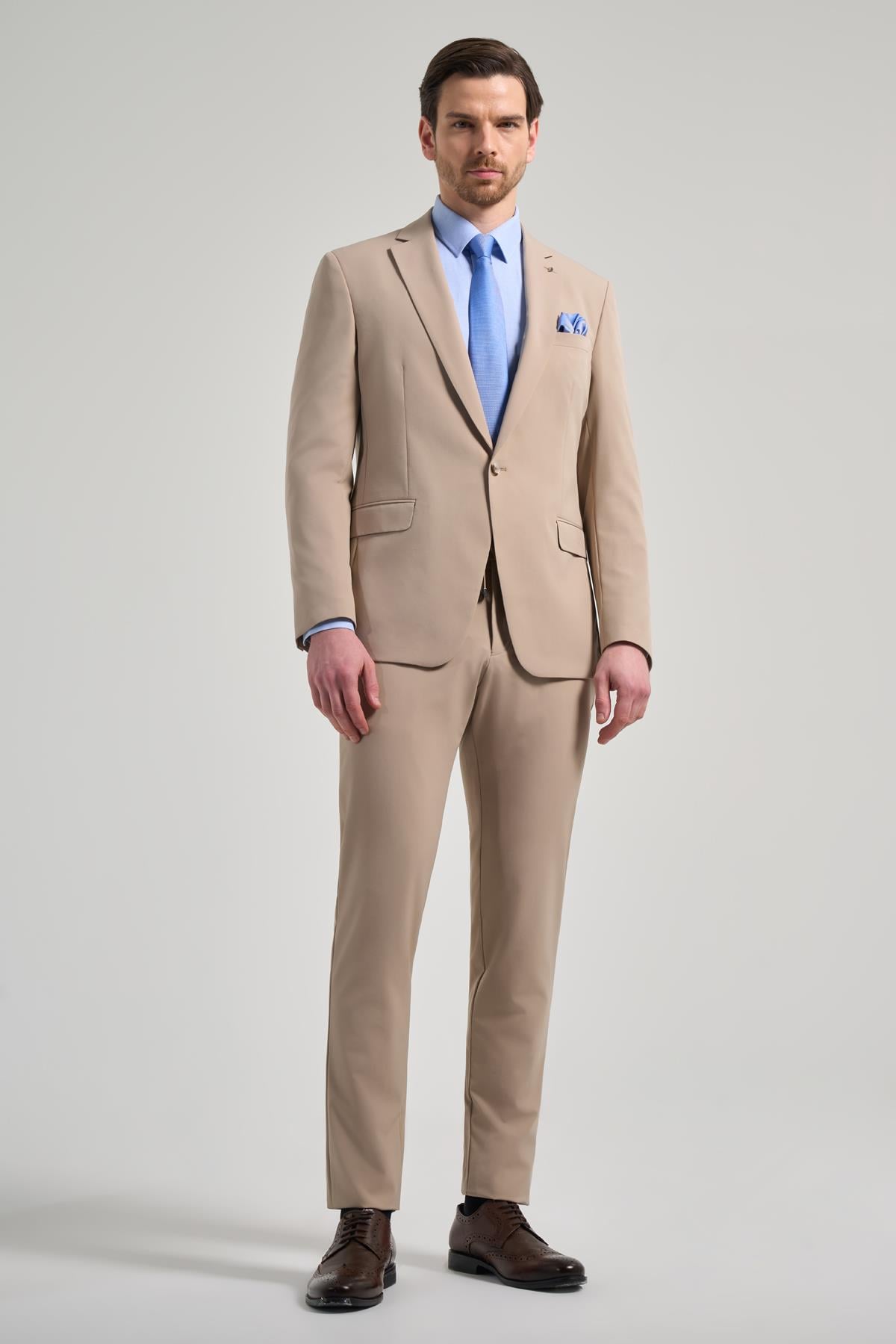 Bej Mono Yaka Beli Lastikli 6 Drop Slim Fit Tam Astar Esnek Takım Elbise 1001250155