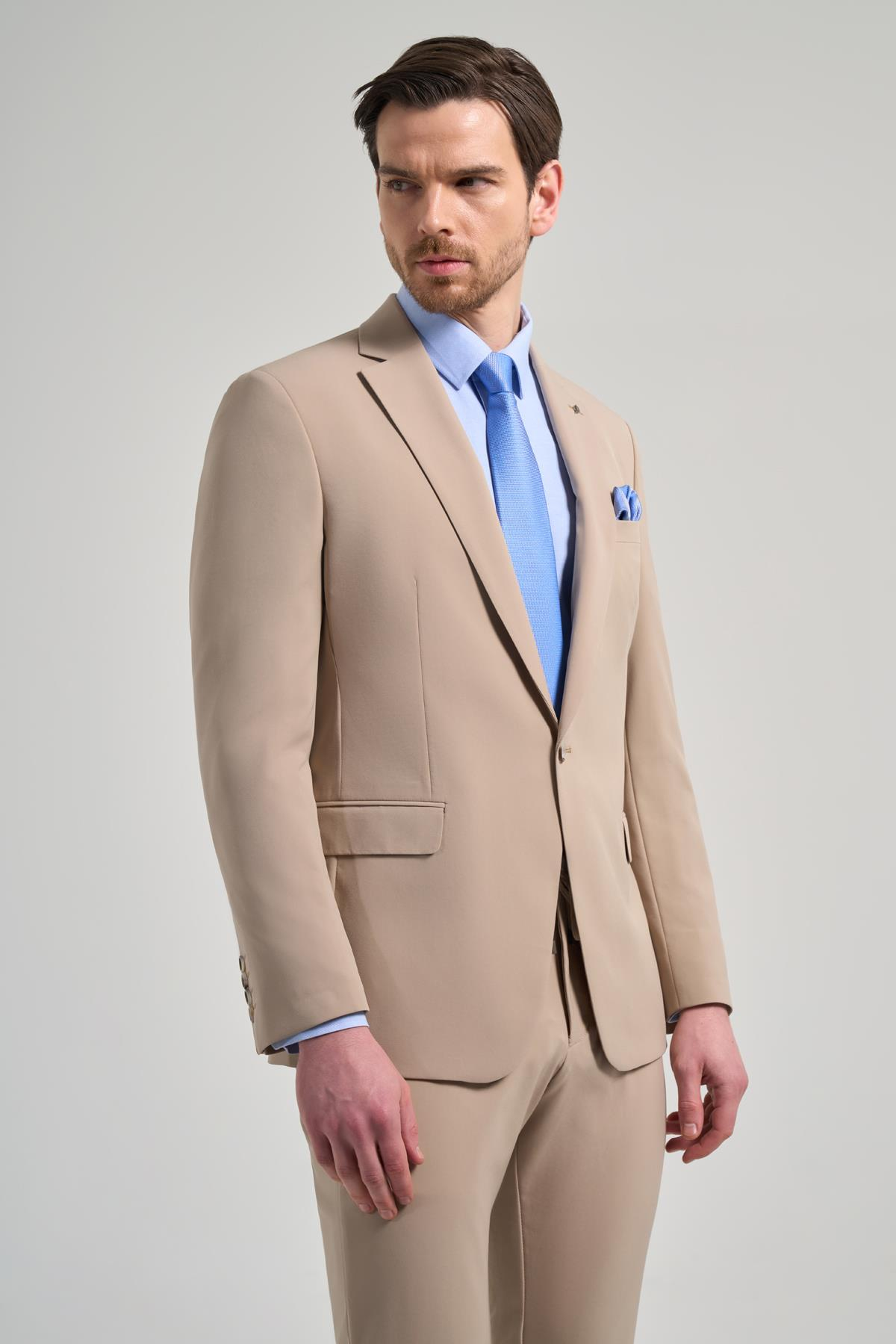 Bej Mono Yaka Beli Lastikli 6 Drop Slim Fit Tam Astar Esnek Takım Elbise 1001250155