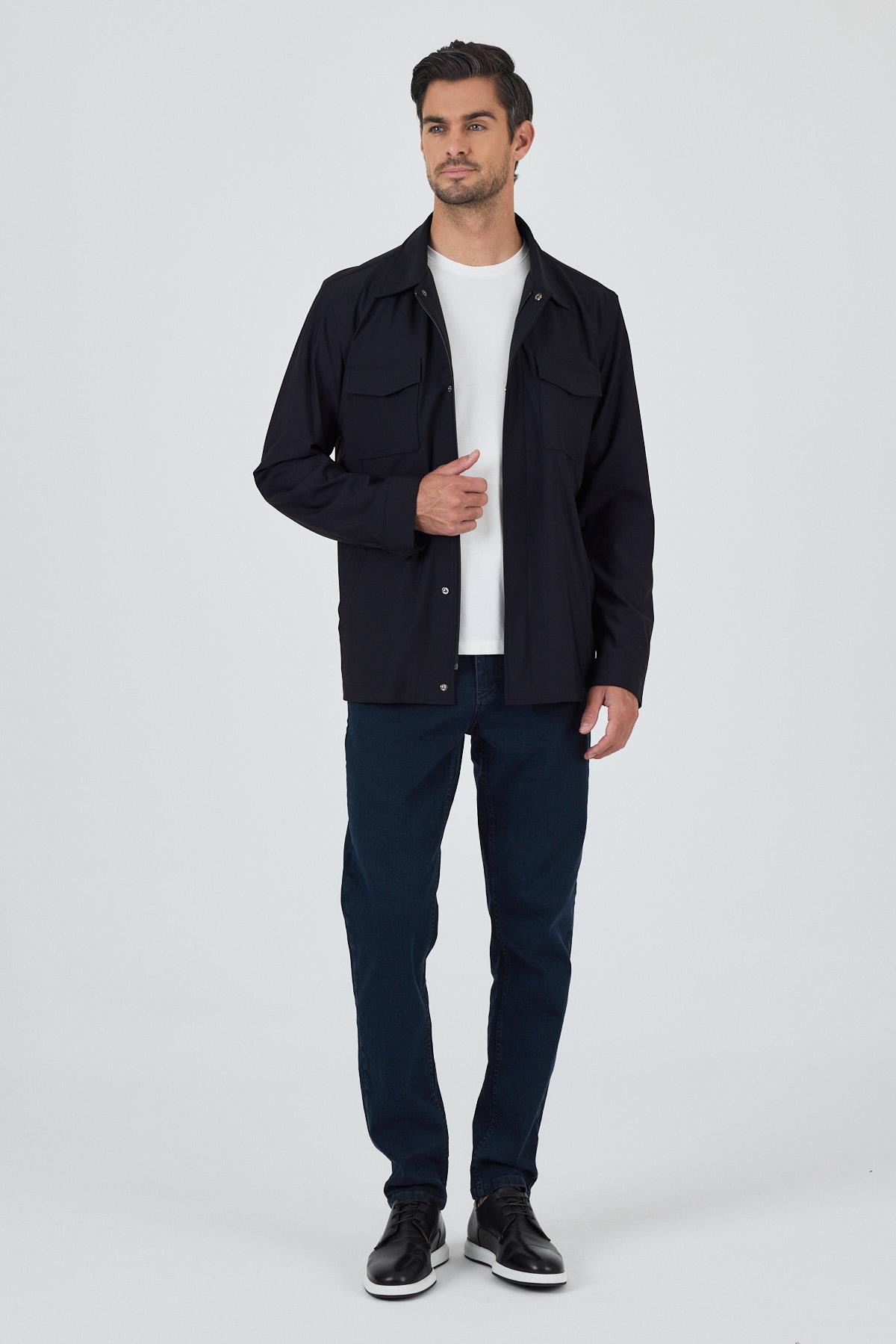 Siyah Gabardin Polo Yaka Tam Astar Esnek Standart Fit Mont 1007250111