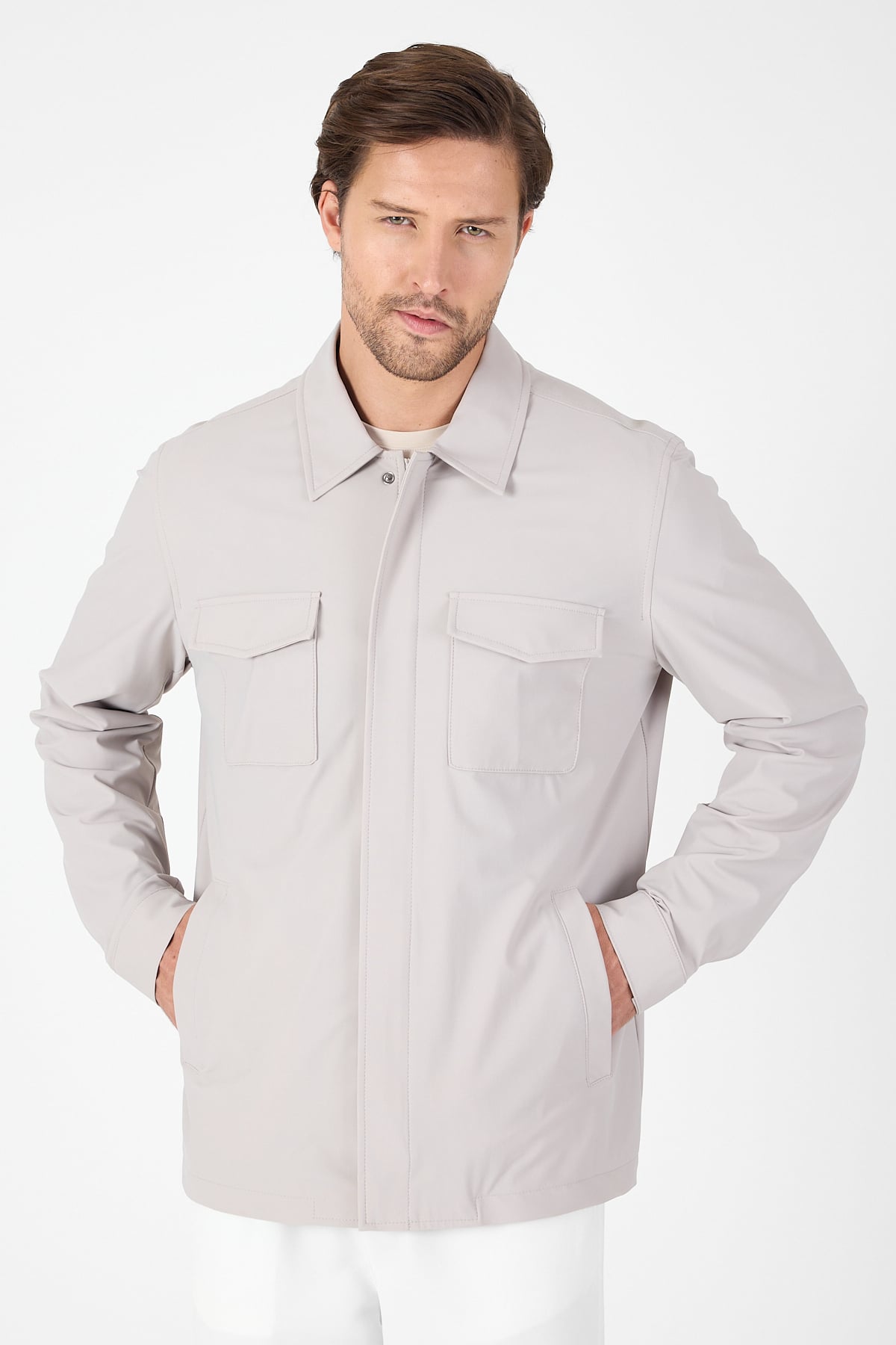 Taş Rengi Gabardin Polo Yaka Tam Astar Esnek Standart Fit Mont 1007250111