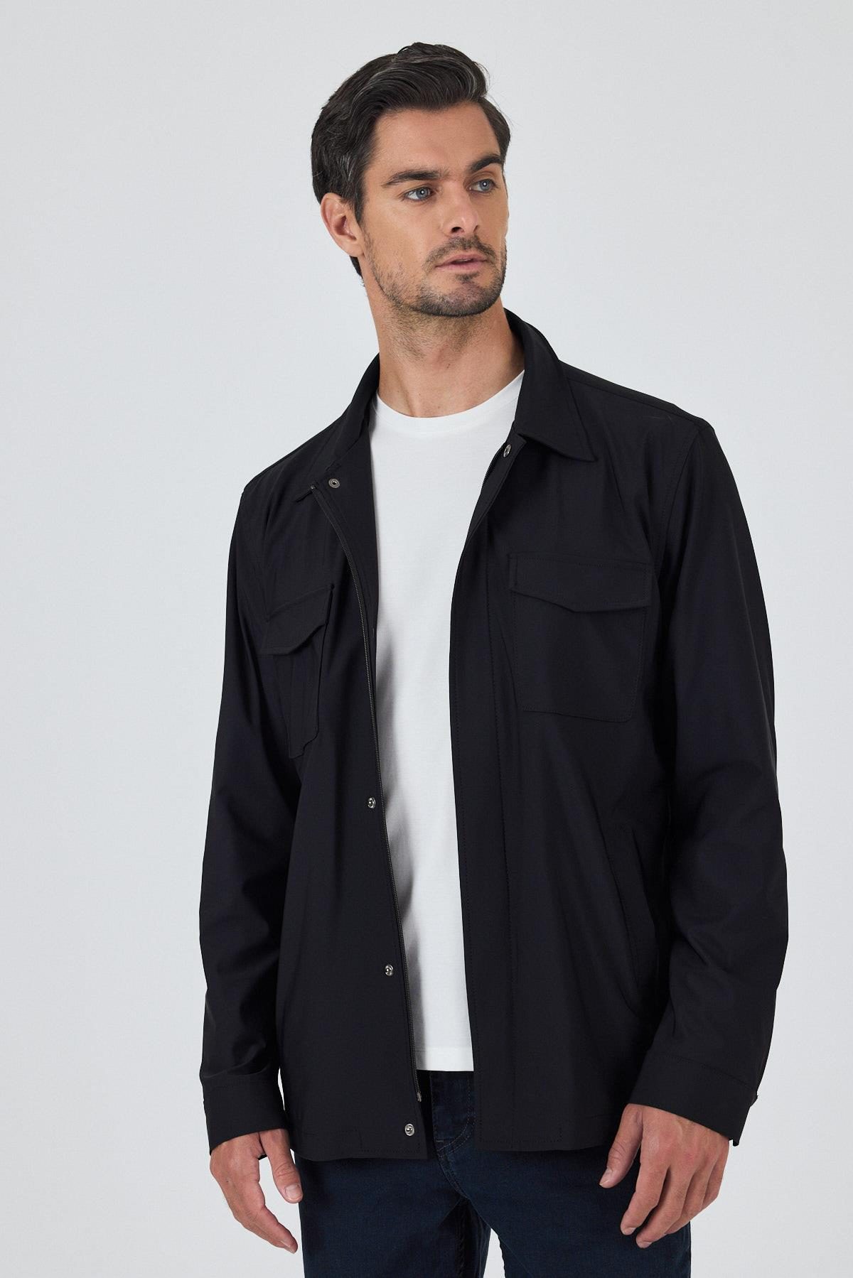 Siyah Gabardin Polo Yaka Tam Astar Esnek Standart Fit Mont 1007250111