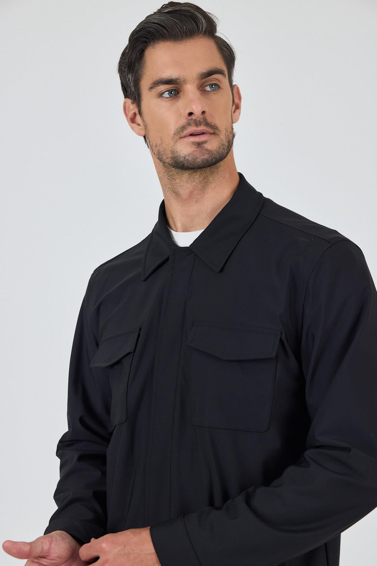 Siyah Gabardin Polo Yaka Tam Astar Esnek Standart Fit Mont 1007250111