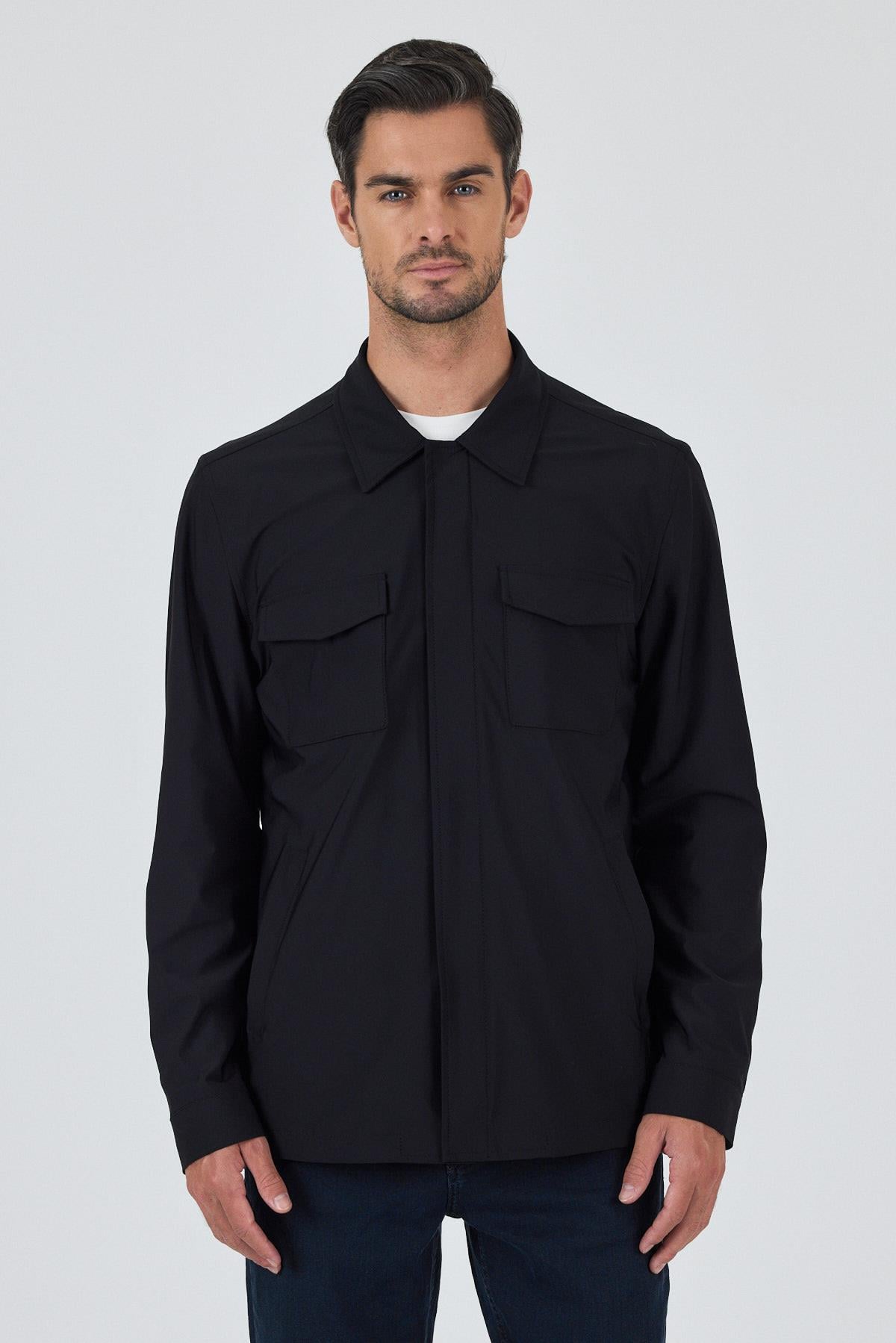 Siyah Gabardin Polo Yaka Tam Astar Esnek Standart Fit Mont 1007250111