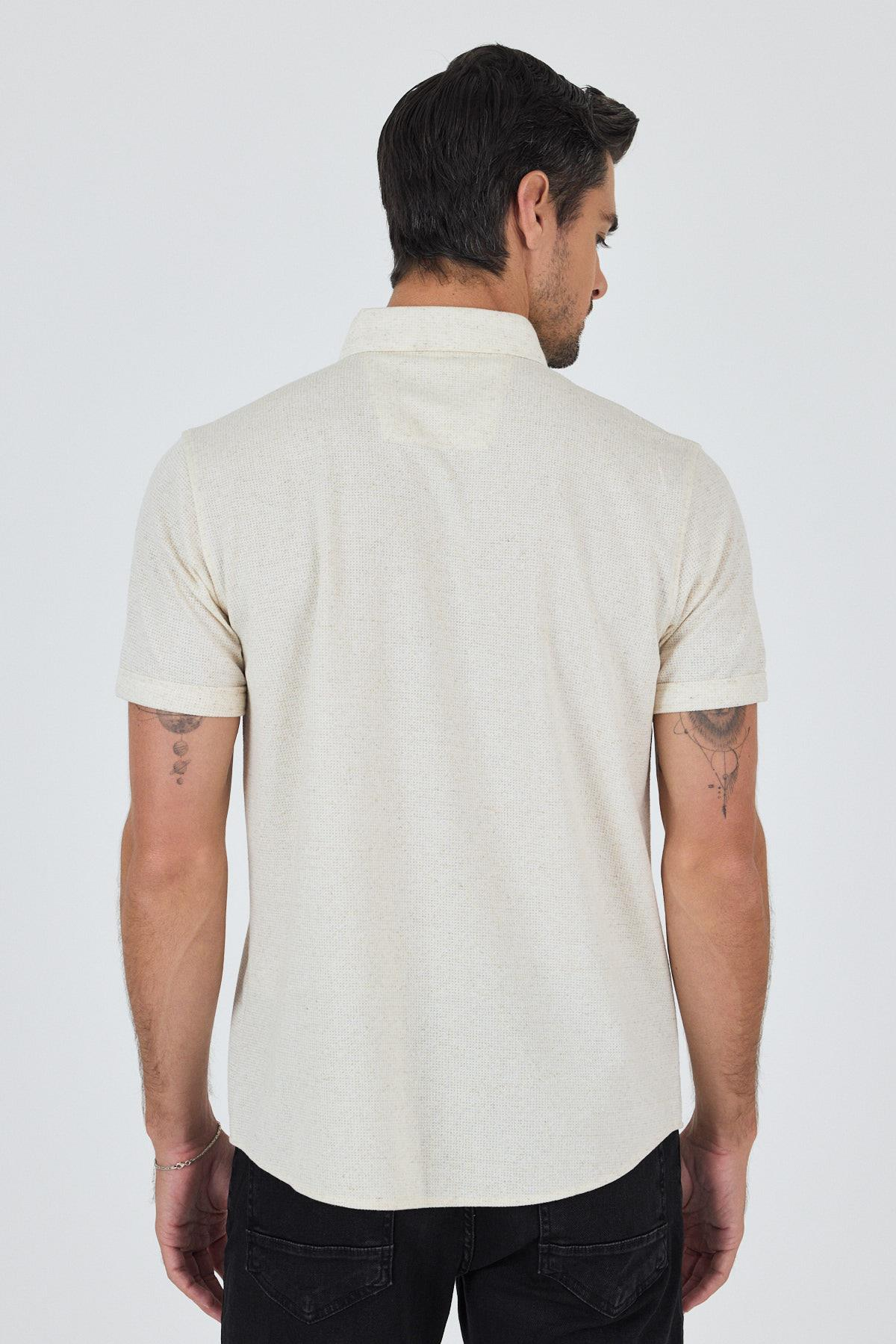 Ekru Kısa Kol Düz Örme Düğmeli Yaka Cepsiz Pamuklu Classic Slim Fit Gömlek 1004250155