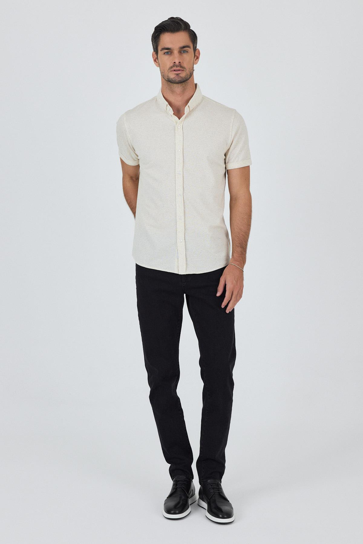 Ekru Kısa Kol Düz Örme Düğmeli Yaka Cepsiz Pamuklu Classic Slim Fit Gömlek 1004250155