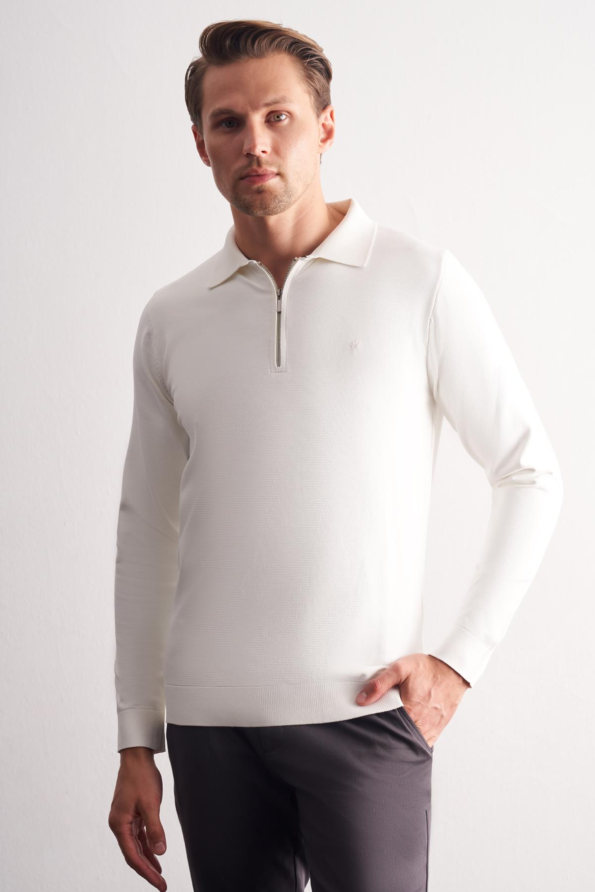 Ekru Uzun Kol Fermuarlı Yaka Cepsiz  Slim Fit  Triko 1012255150