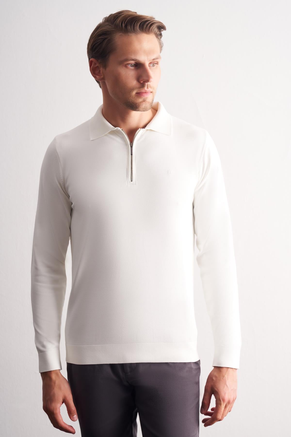 Ekru Uzun Kol Fermuarlı Yaka Cepsiz  Slim Fit  Triko 1012255150