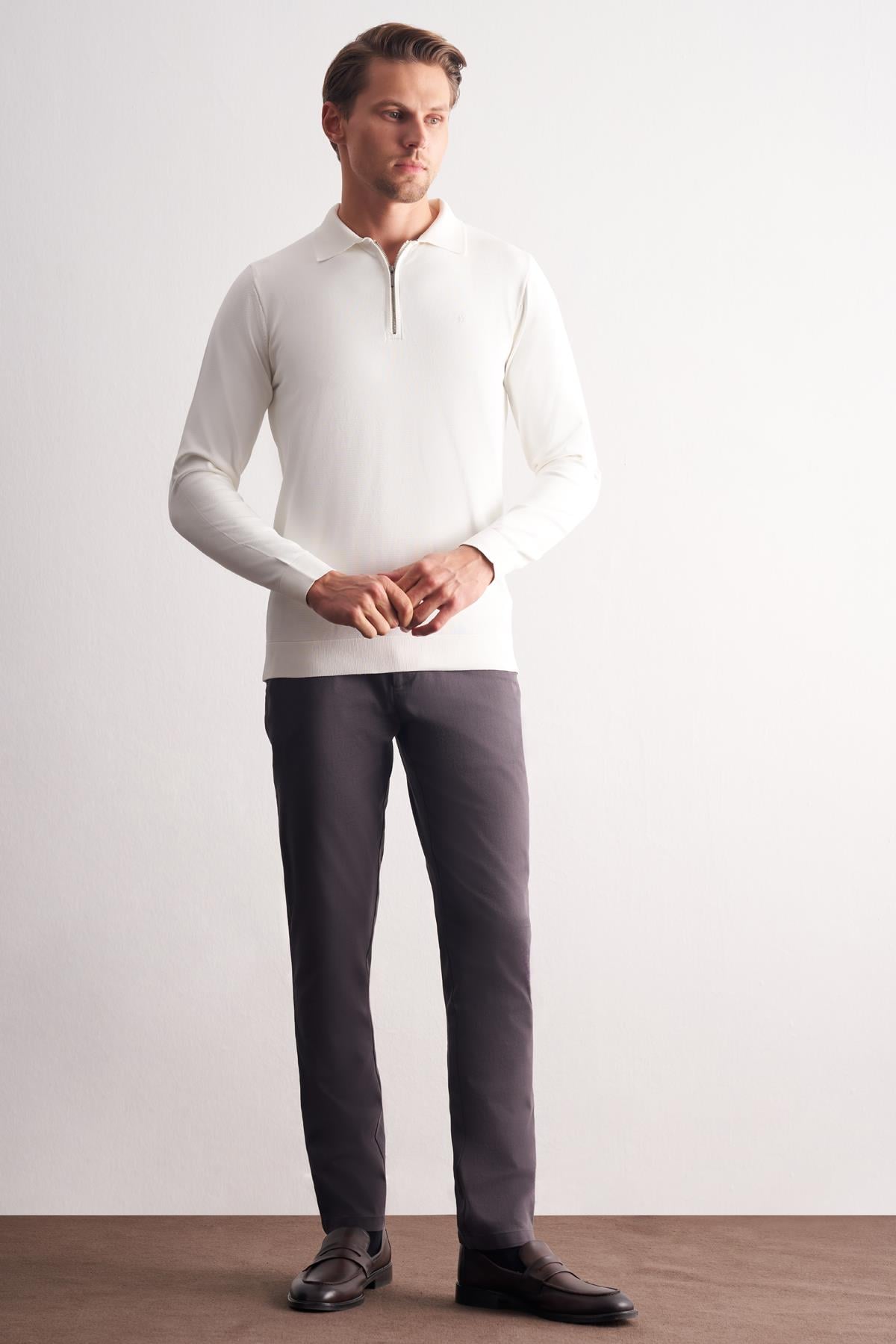 Ekru Uzun Kol Fermuarlı Yaka Cepsiz  Slim Fit  Triko 1012255150