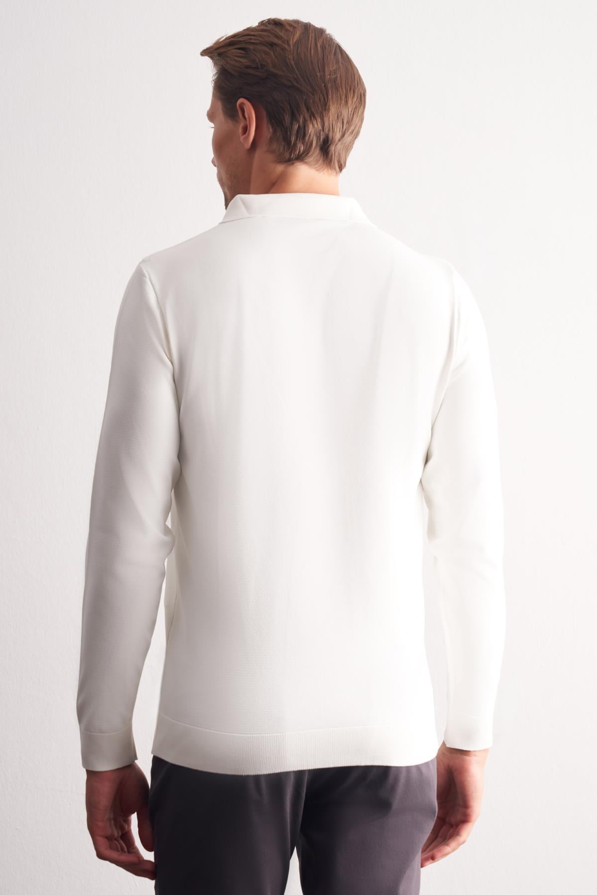 Ekru Uzun Kol Fermuarlı Yaka Cepsiz  Slim Fit  Triko 1012255150