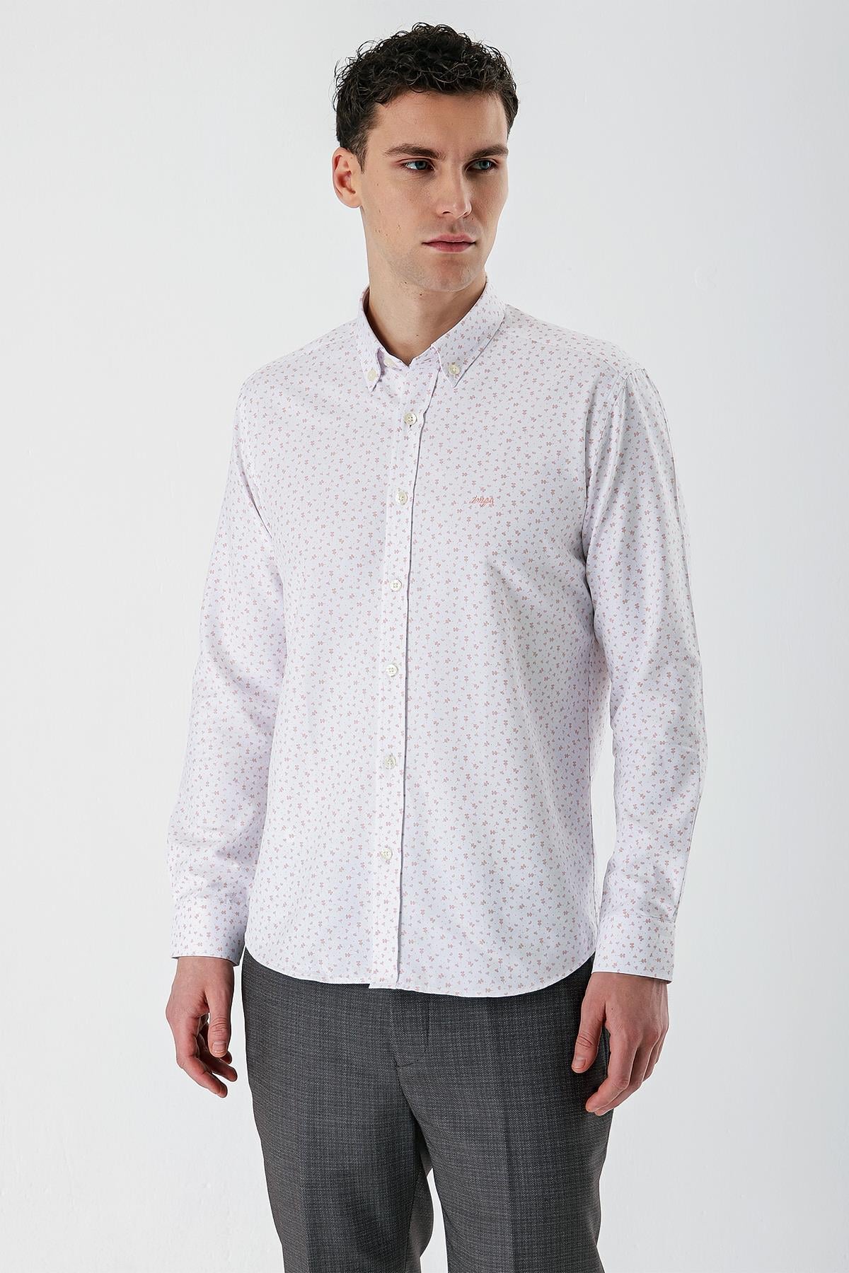Ekru Uzun Kollu Baskılı Bez Ayağı Düğmeli Yaka Cepsiz Pamuklu Slim Fit Gömlek 1004235170