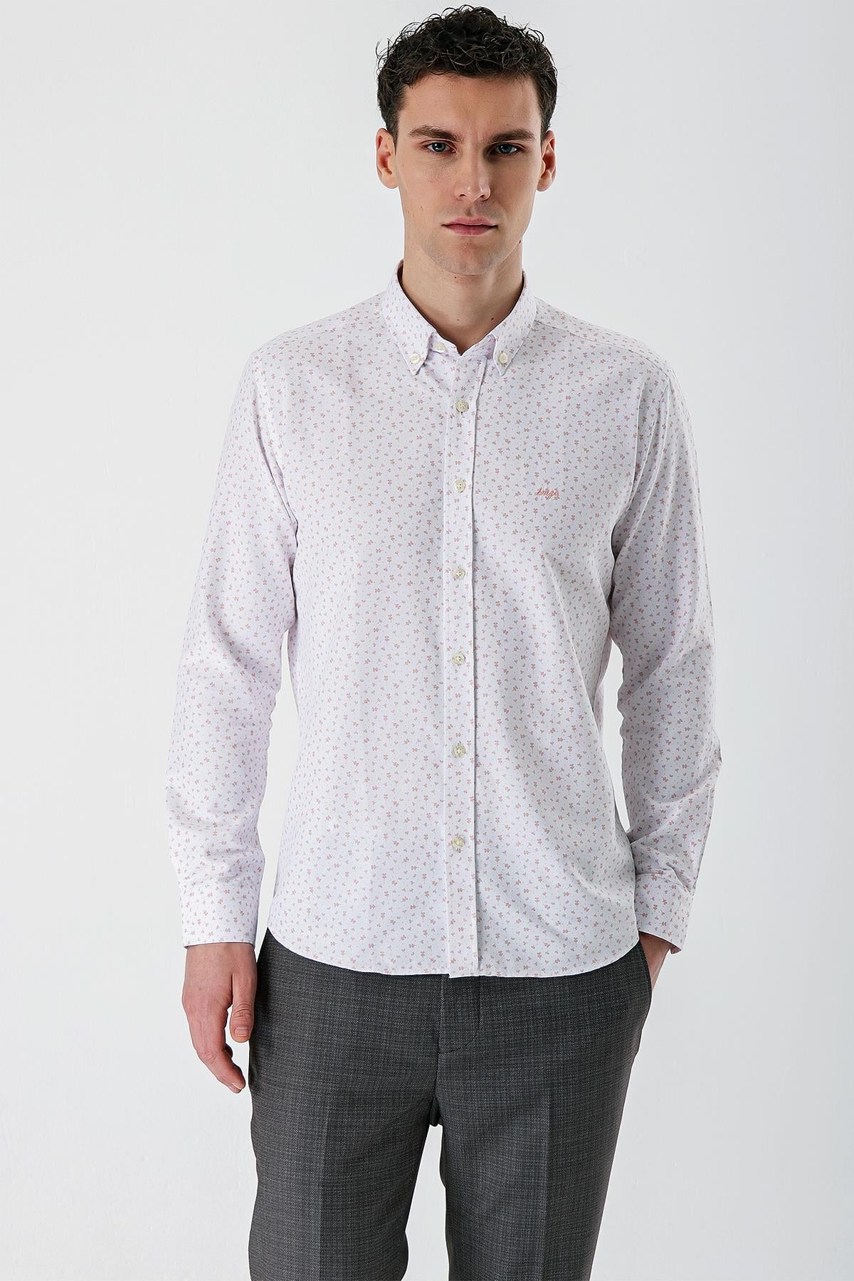 Ekru Uzun Kollu Baskılı Bez Ayağı Düğmeli Yaka Cepsiz Pamuklu Slim Fit Gömlek 1004235170