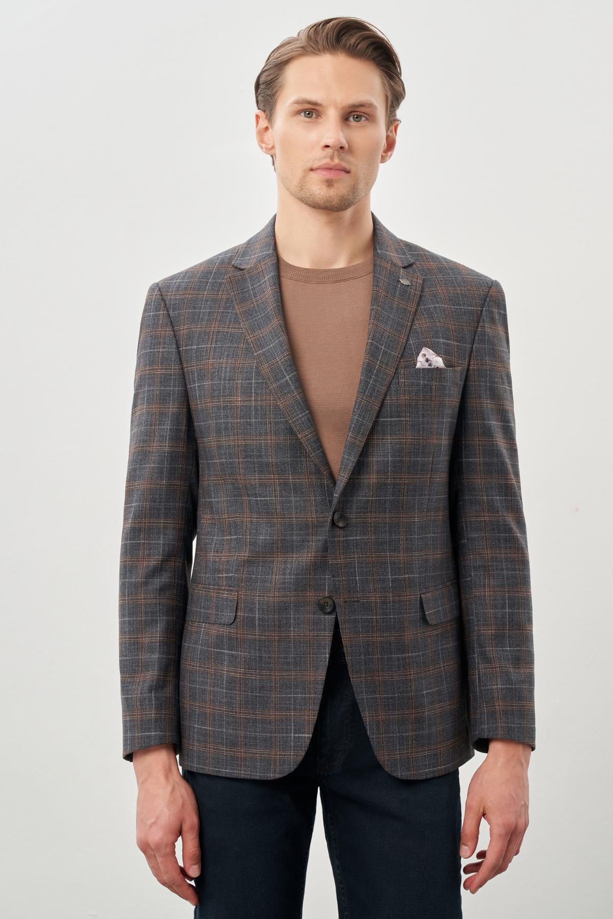 Ekose Desen Mono Yaka Esnek 6 Drop Slim Fit Classic Ceket 1002245160