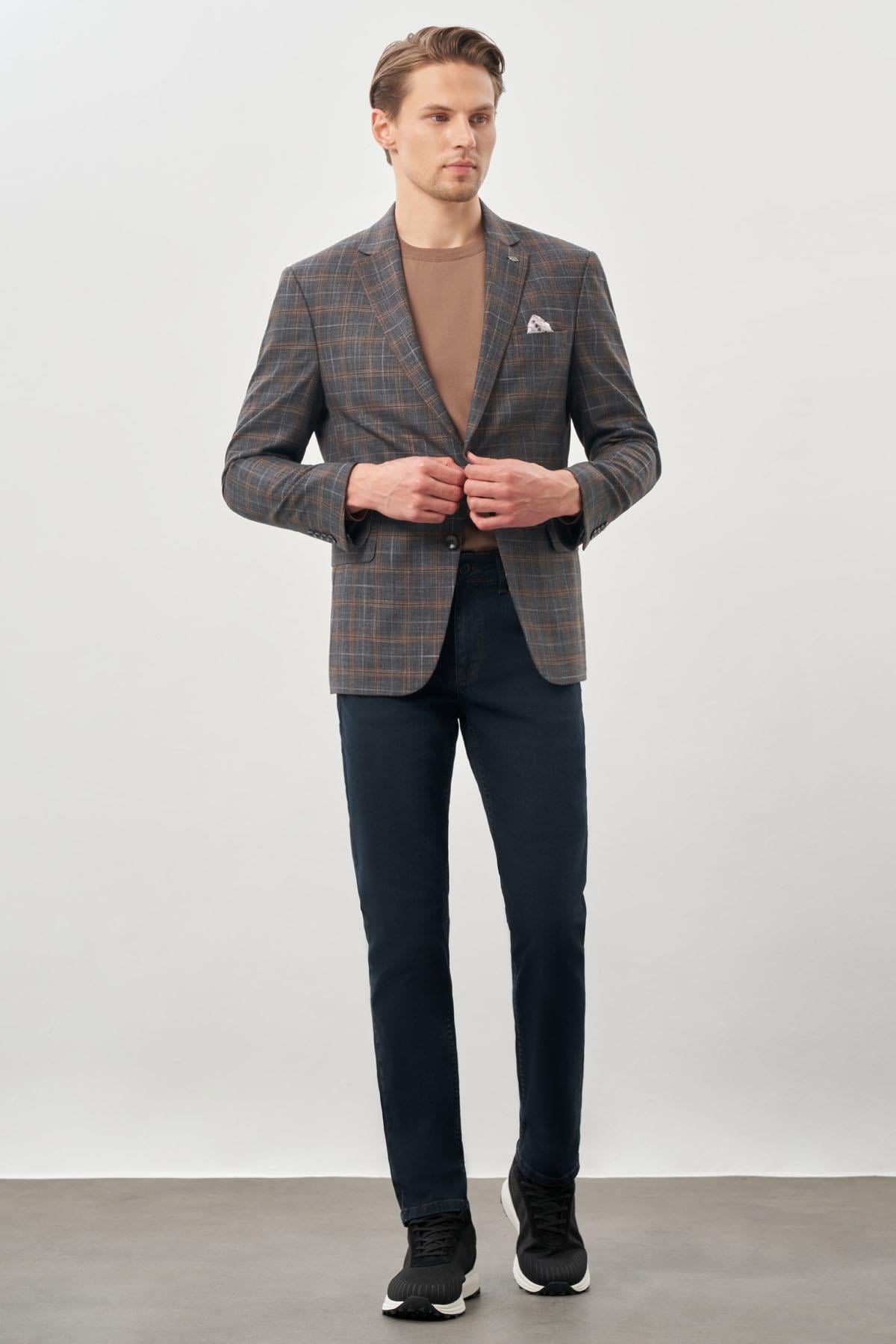Ekose Desen Mono Yaka Esnek 6 Drop Slim Fit Classic Ceket 1002245160