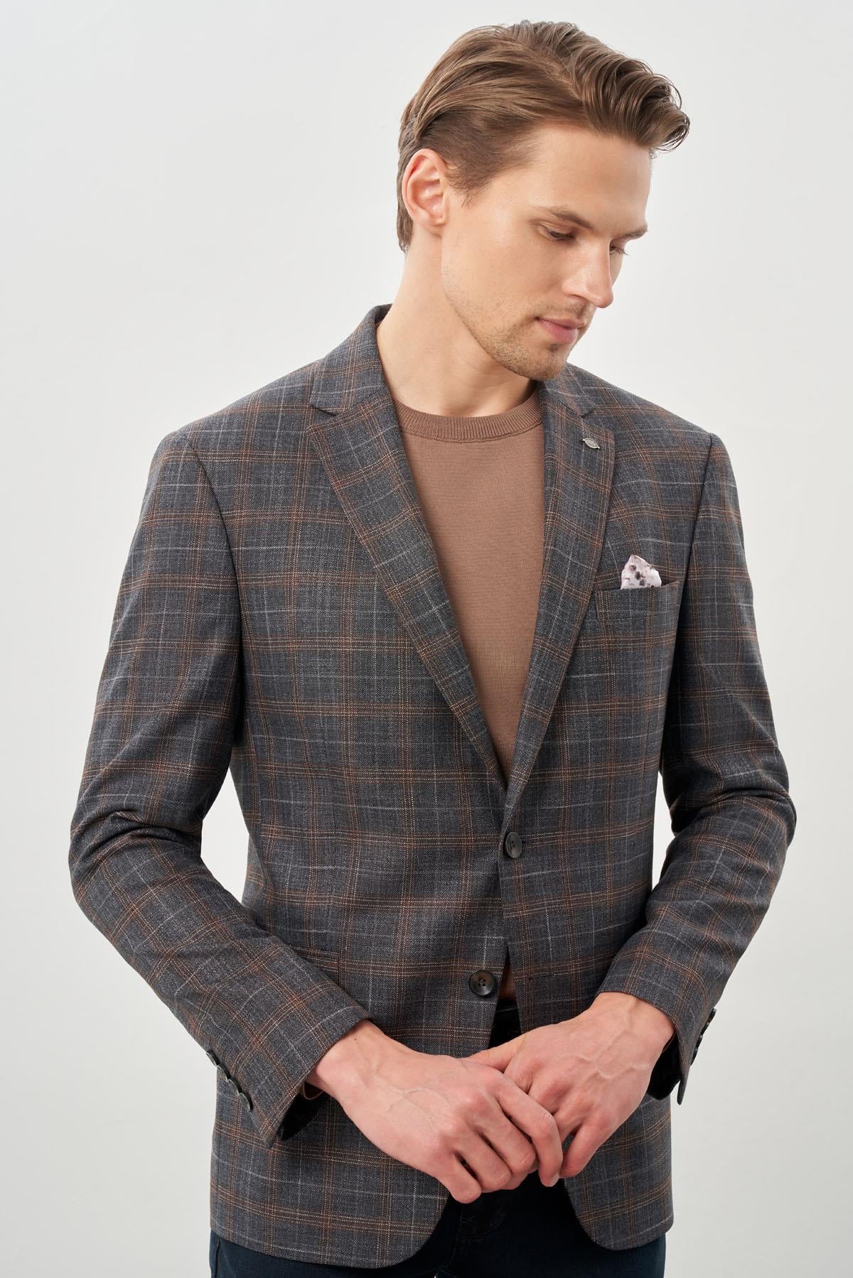 Ekose Desen Mono Yaka Esnek 6 Drop Slim Fit Classic Ceket 1002245160