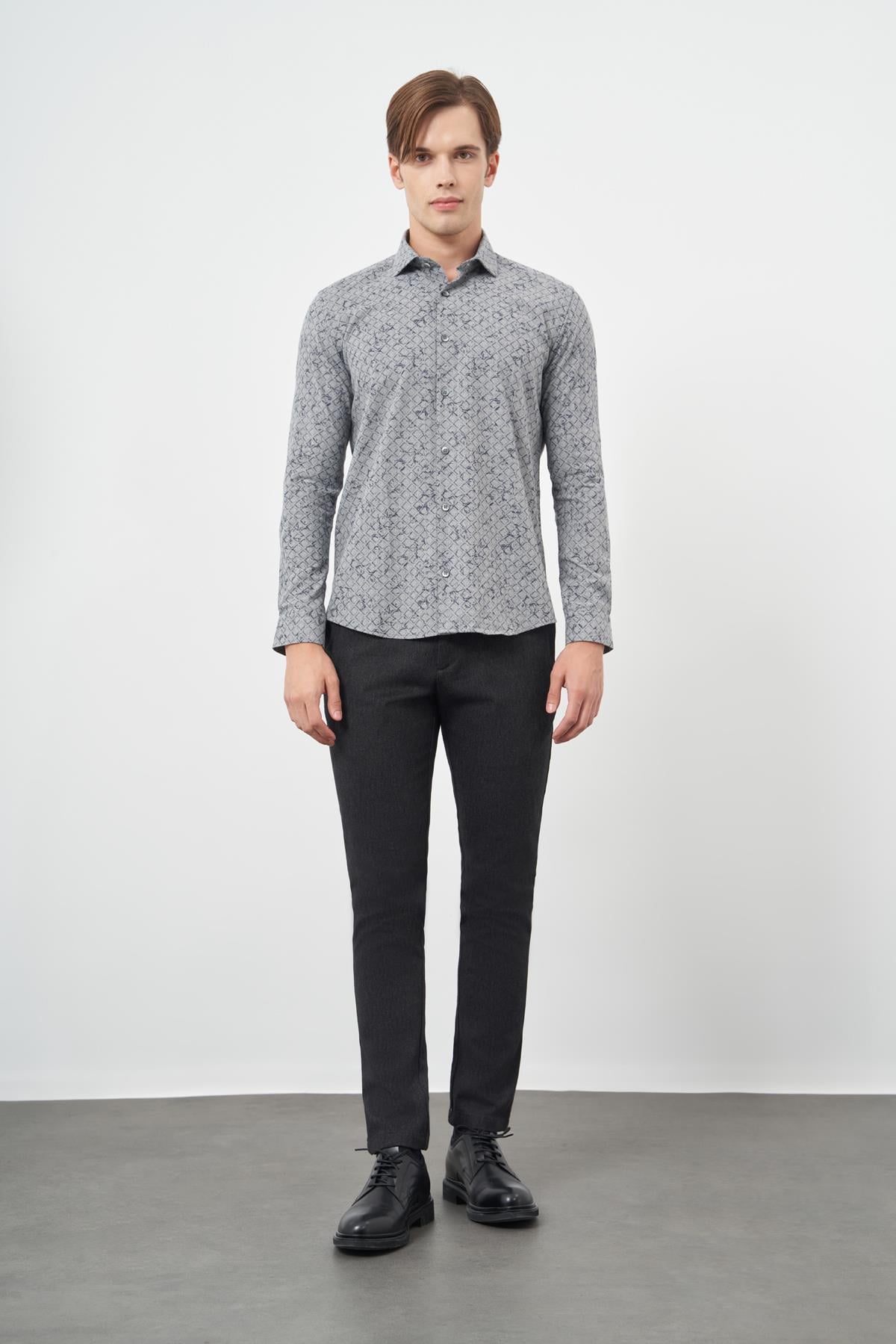 Uzun Kol Yarım İtalyan Yaka Cepsiz Pamuklu Classic Slim Fit Gömlek 1004245222