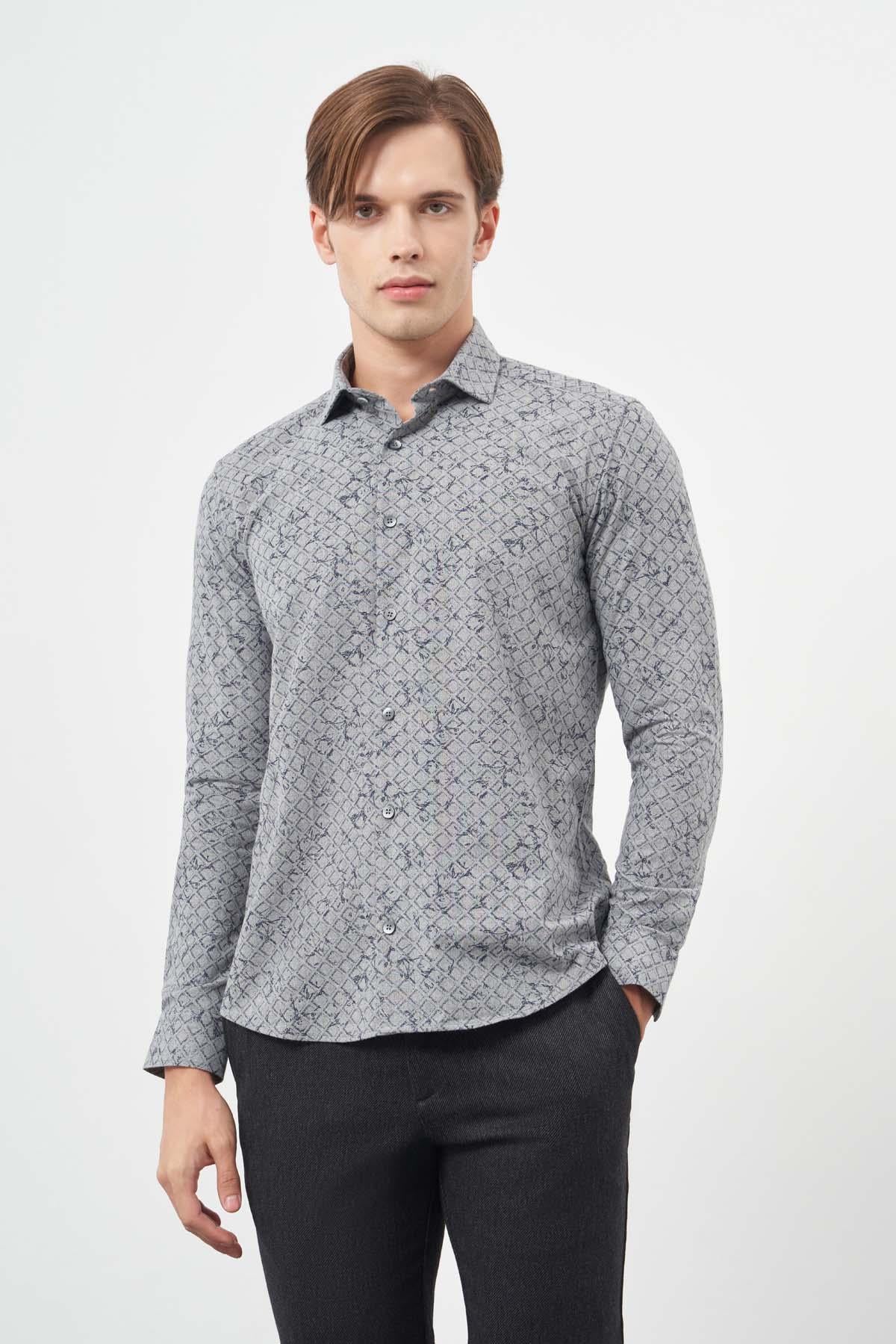 Uzun Kol Yarım İtalyan Yaka Cepsiz Pamuklu Classic Slim Fit Gömlek 1004245222