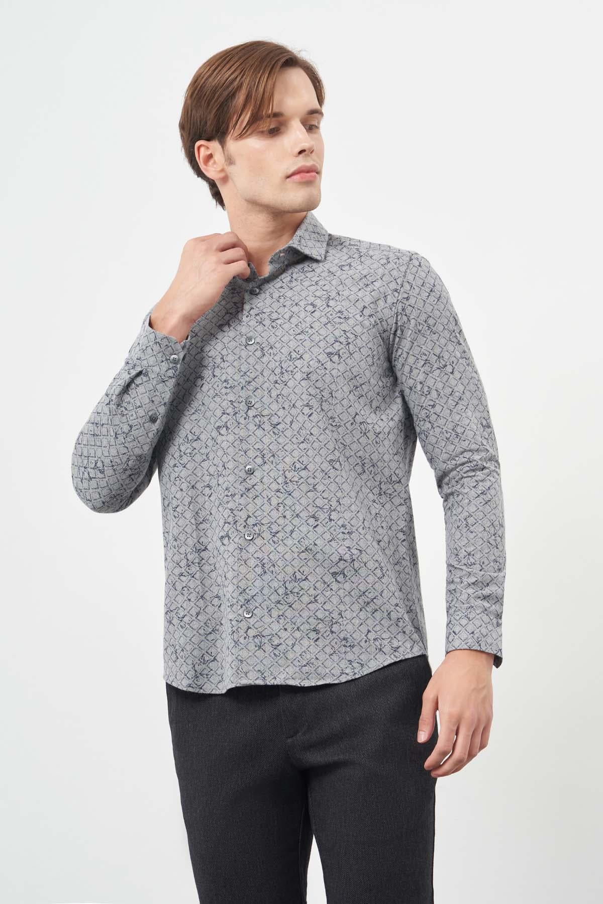 Uzun Kol Yarım İtalyan Yaka Cepsiz Pamuklu Classic Slim Fit Gömlek 1004245222
