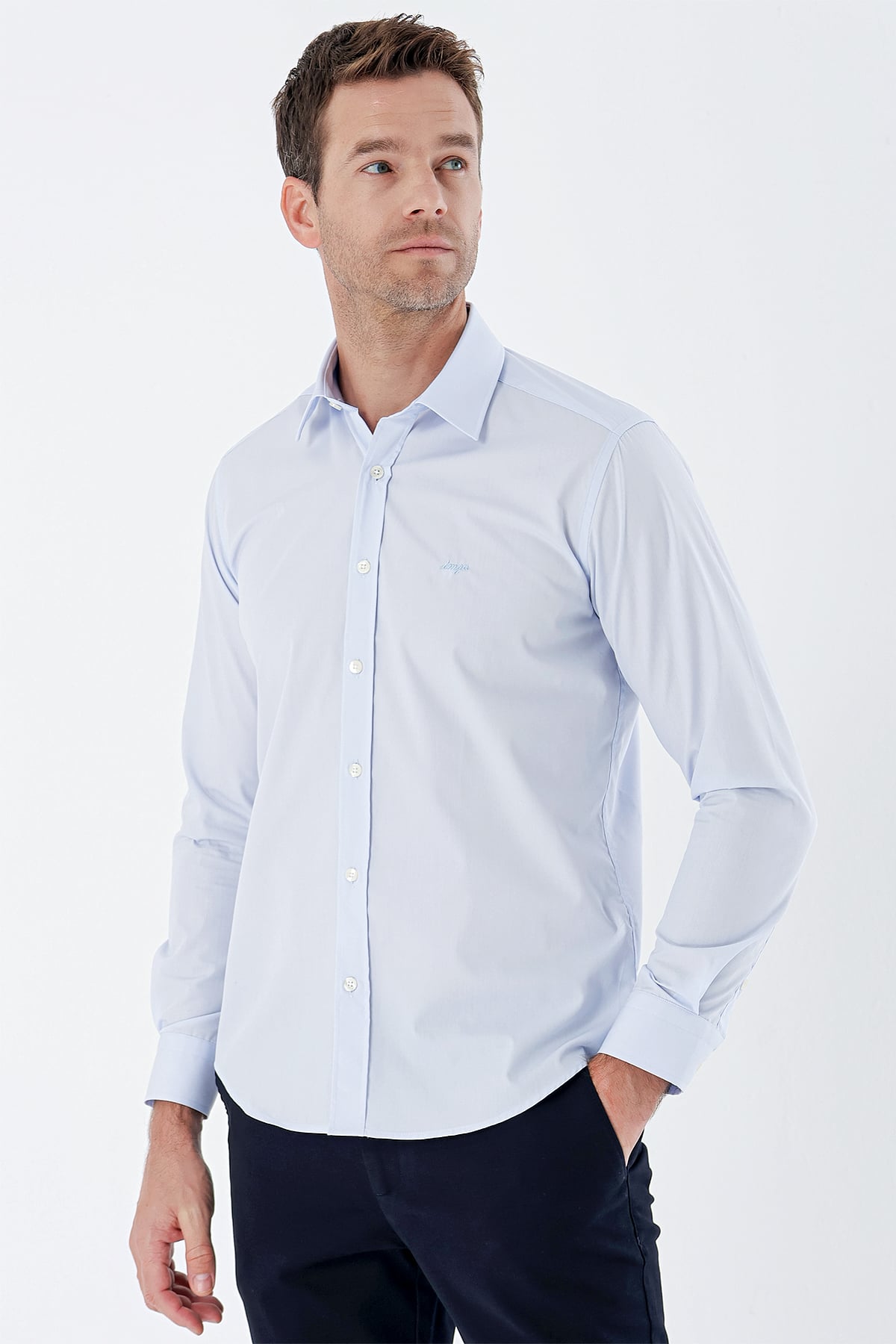 Mavi Uzun Kollu Bez Ayağı Sert Yaka Cepsiz Pamuklu Basic Slim Fit Dar Kesim Gömlek 1004235357