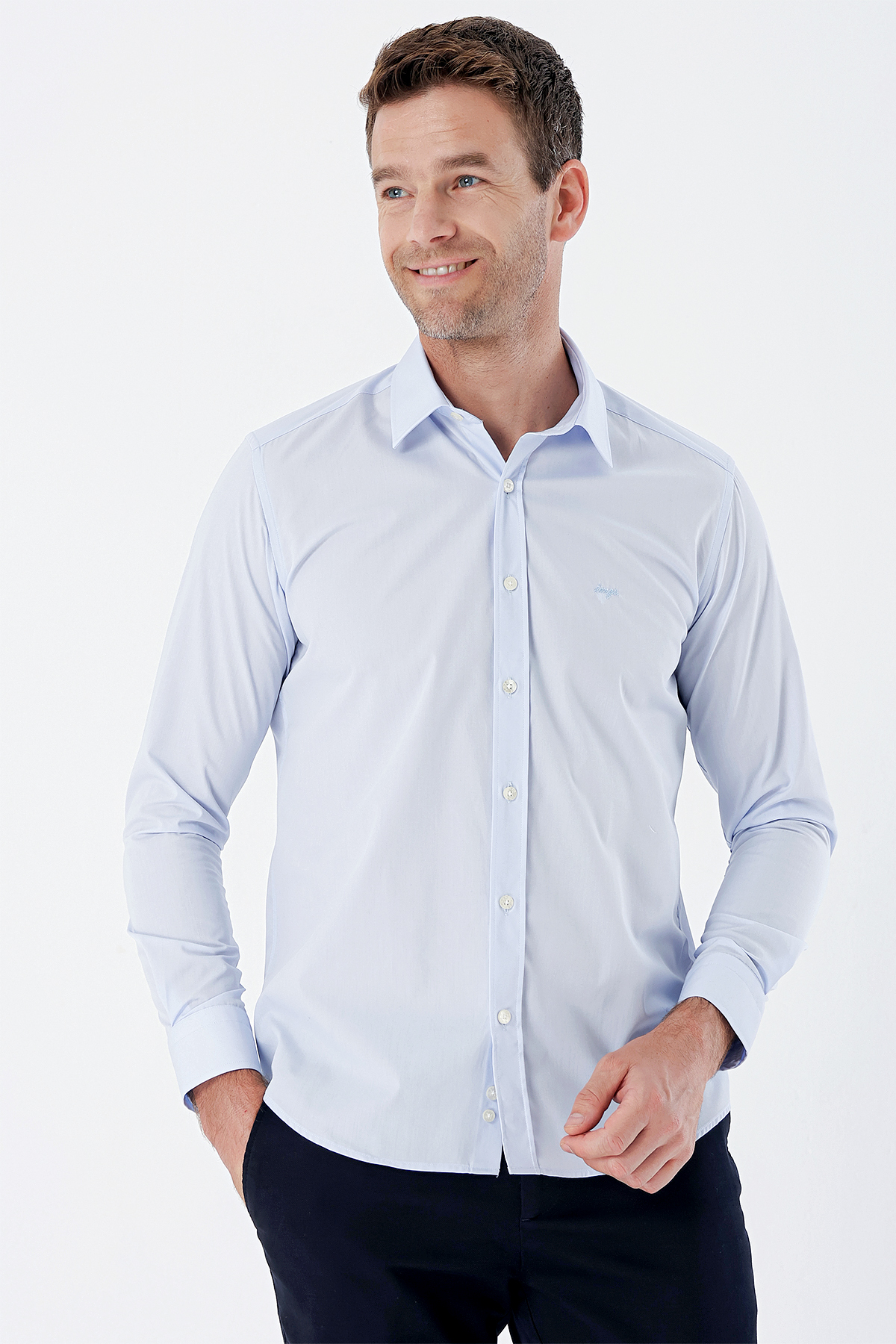 Mavi Uzun Kollu Bez Ayağı Sert Yaka Cepsiz Pamuklu Basic Slim Fit Dar Kesim Gömlek 1004235357