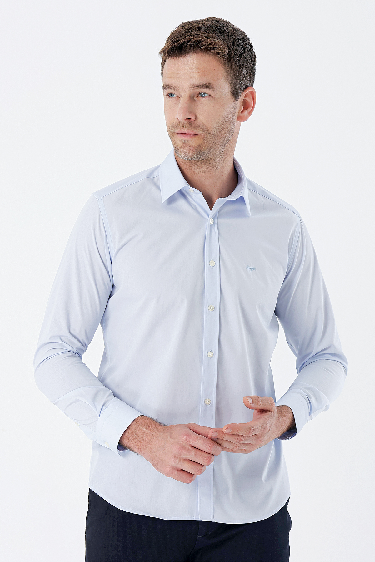 Mavi Uzun Kollu Bez Ayağı Sert Yaka Cepsiz Pamuklu Basic Slim Fit Dar Kesim Gömlek 1004235357