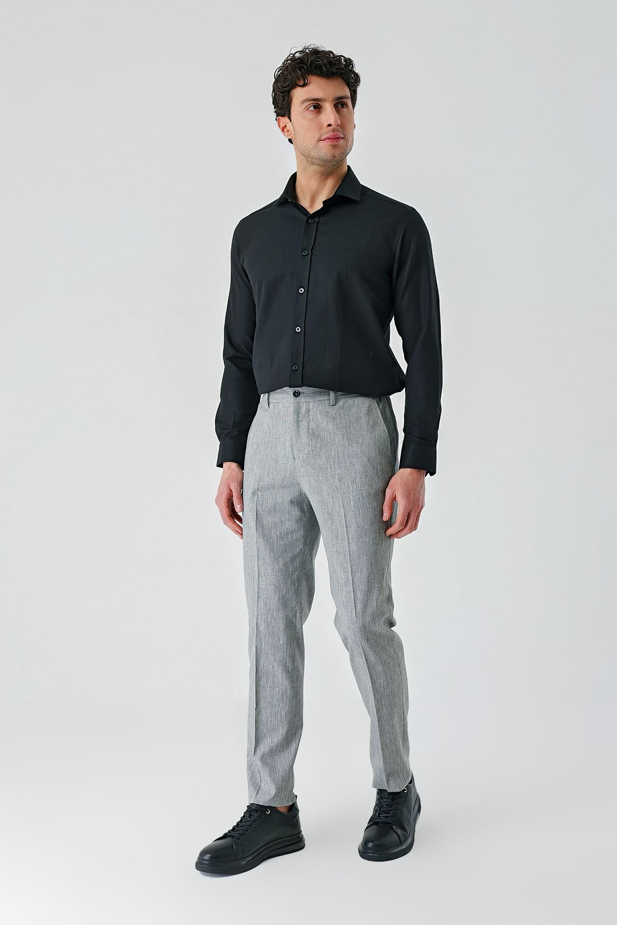 Gri Keten Lastikli Yandan Cepli Casual Slim Fit Jogger Pantolon 1003240103