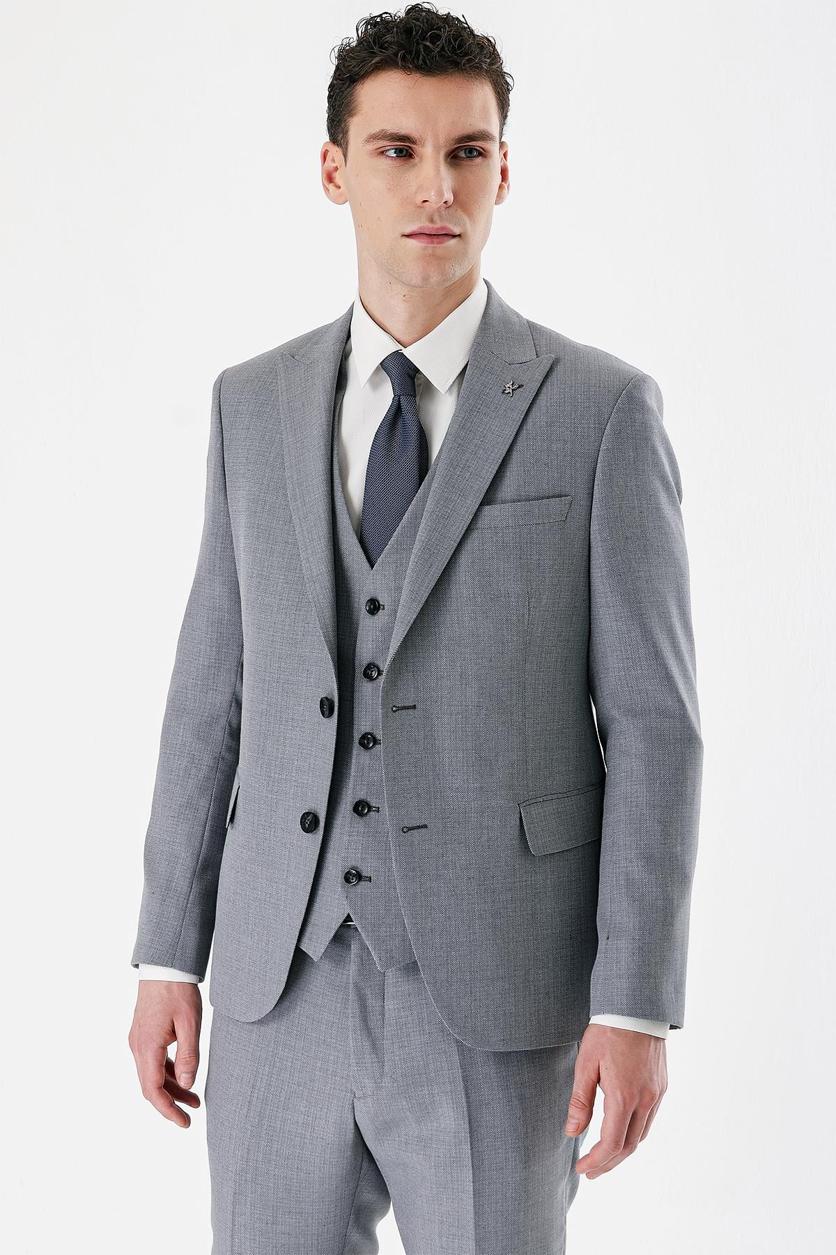 Gri Kırlangıç Yaka Yelekli 6 Drop Slim Fit Klasik Takım Elbise 1001240157