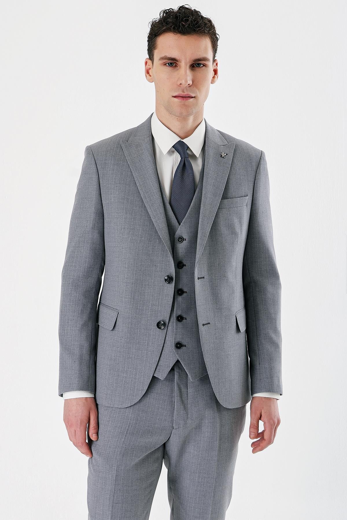 Gri Kırlangıç Yaka Yelekli 6 Drop Slim Fit Klasik Takım Elbise 1001240157