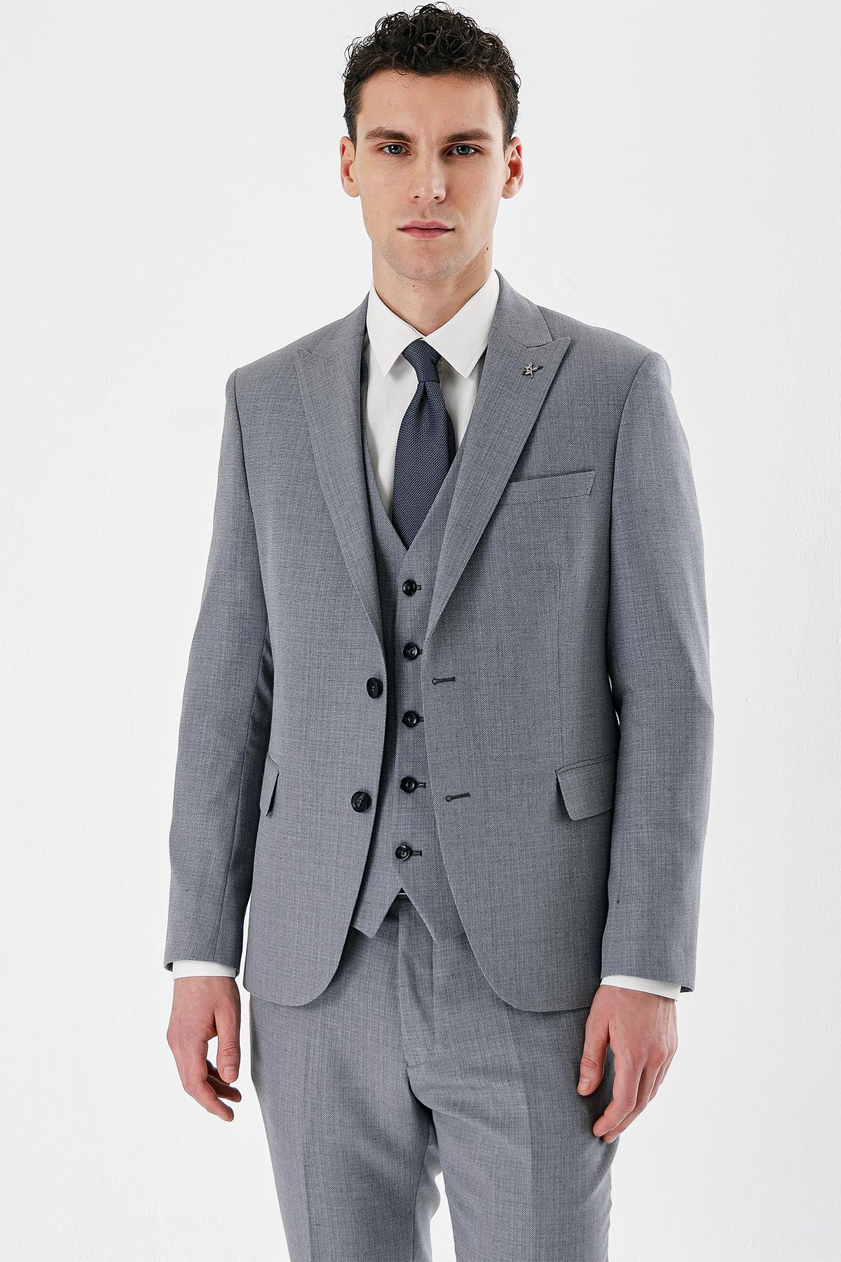 Gri Kırlangıç Yaka Yelekli 6 Drop Slim Fit Klasik Takım Elbise 1001240157