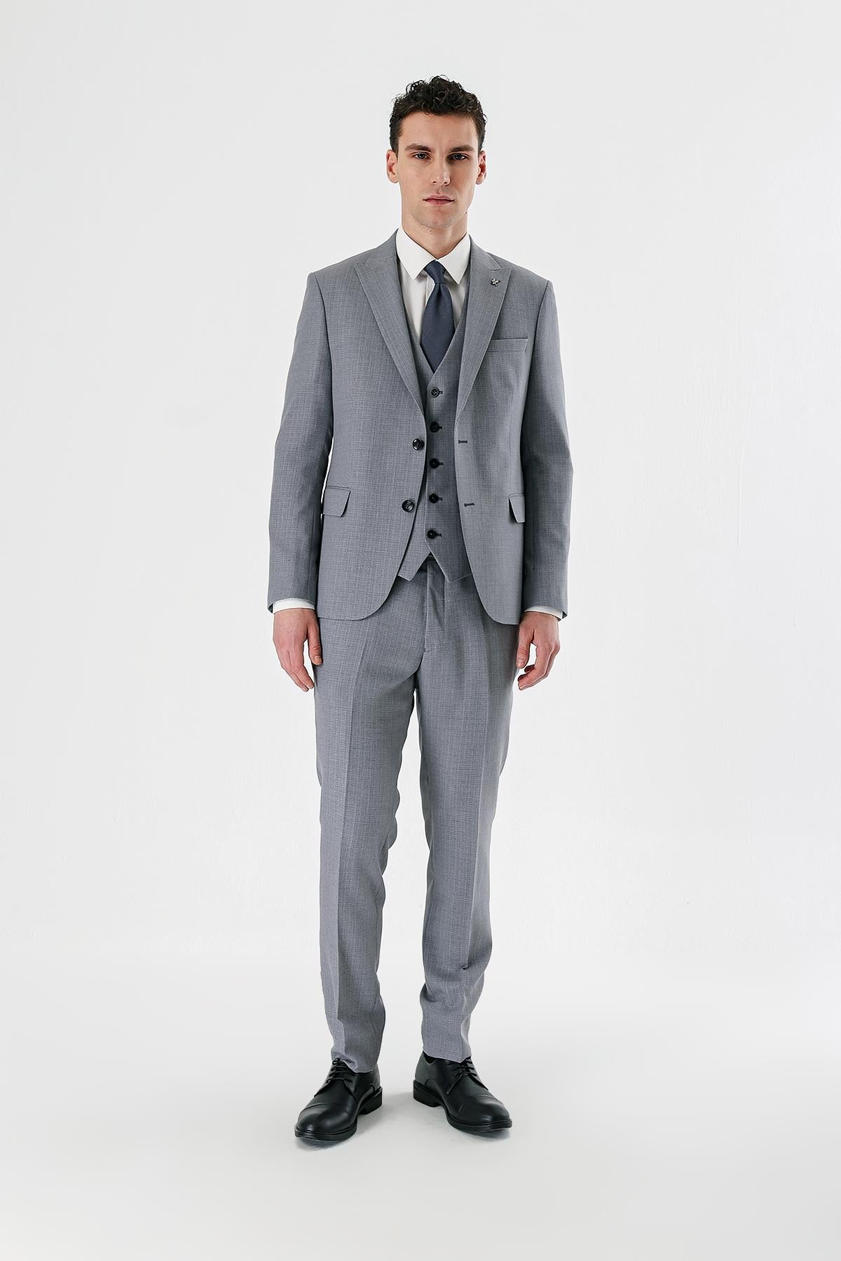Gri Kırlangıç Yaka Yelekli 6 Drop Slim Fit Klasik Takım Elbise 1001240157