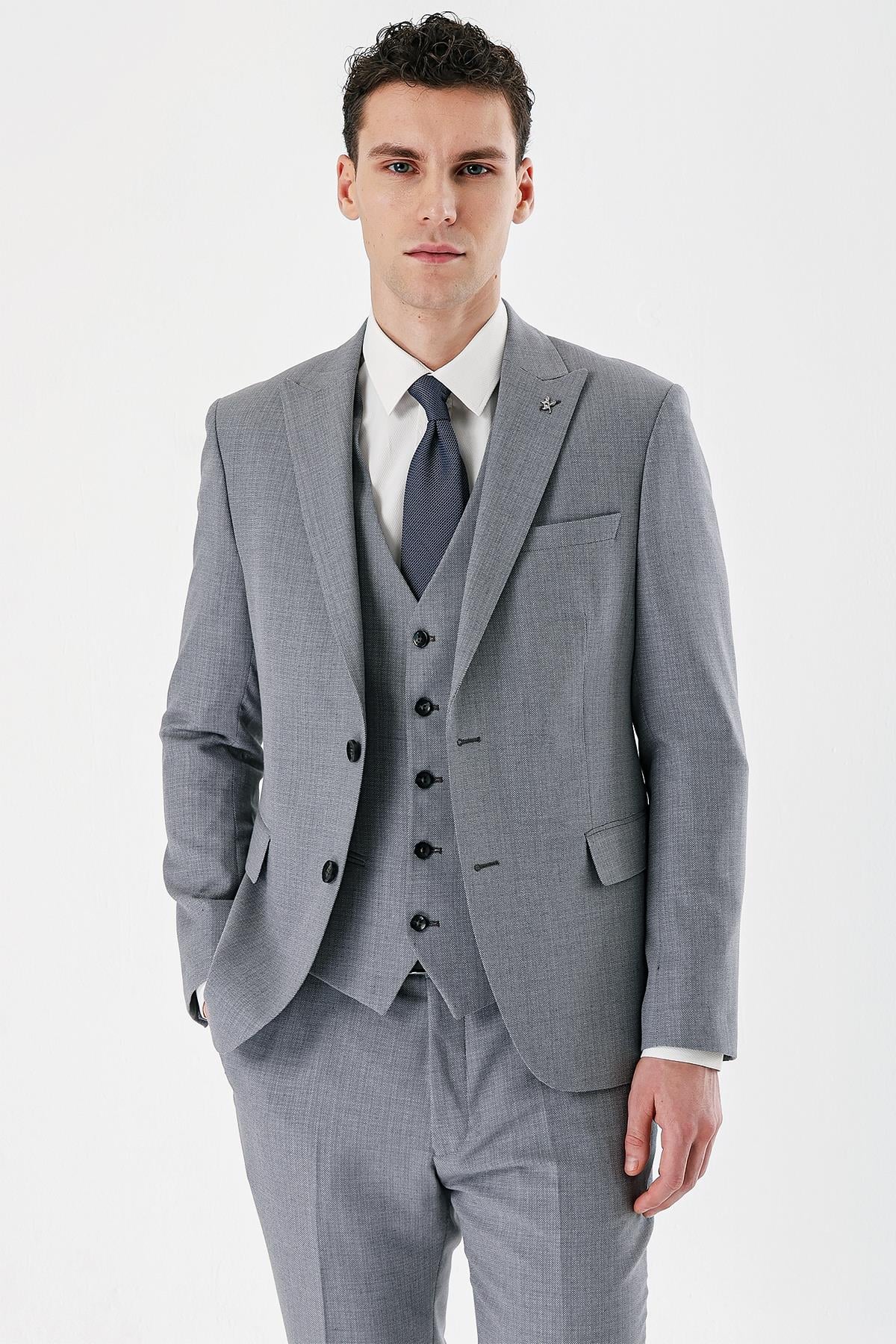 Gri Kırlangıç Yaka Yelekli 6 Drop Slim Fit Klasik Takım Elbise 1001240157