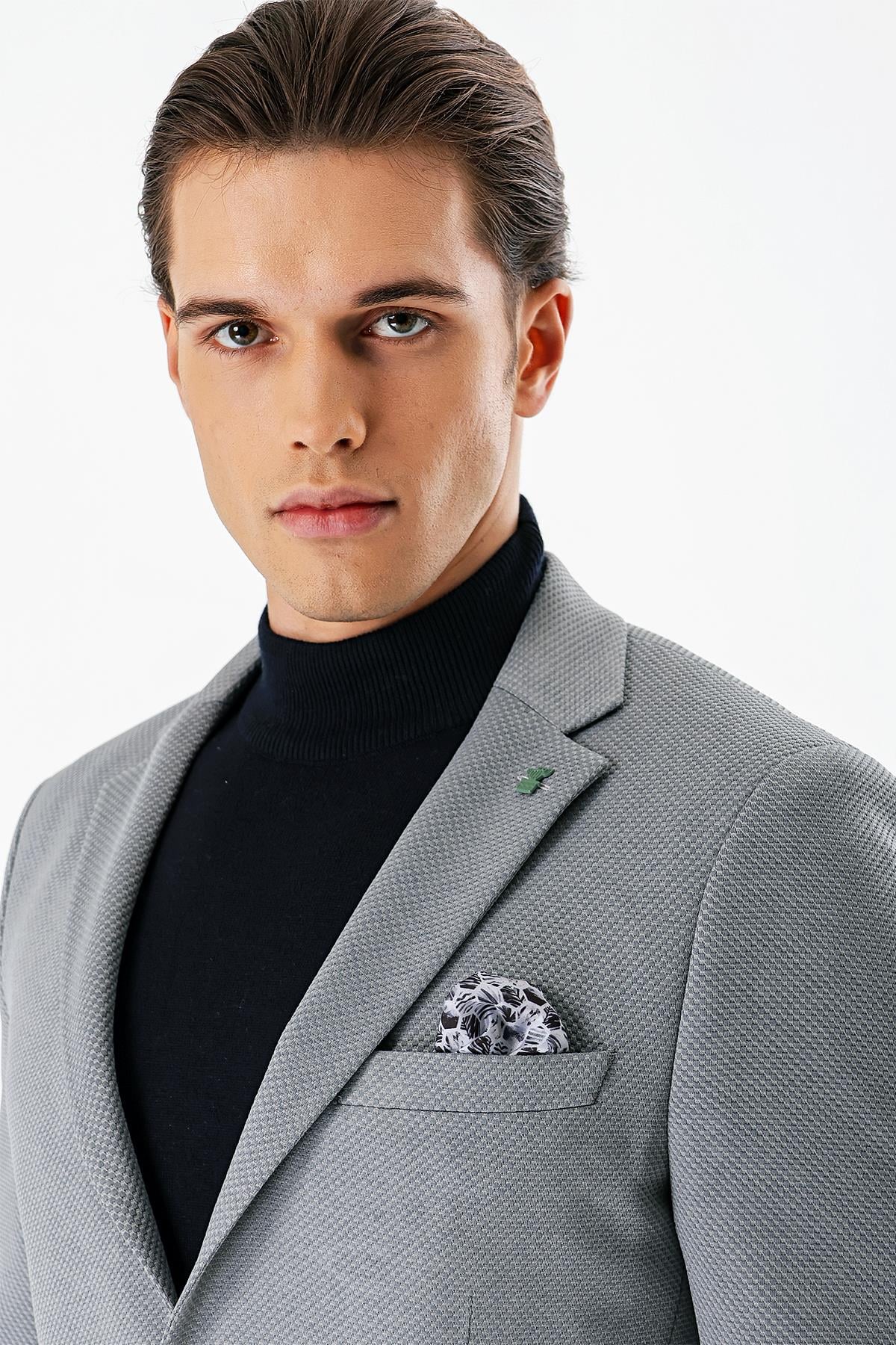Gri Mono Yaka Astarlı Çift Yırtmaç 6 Drop Slim Fit Klasik Ceket 1002240150