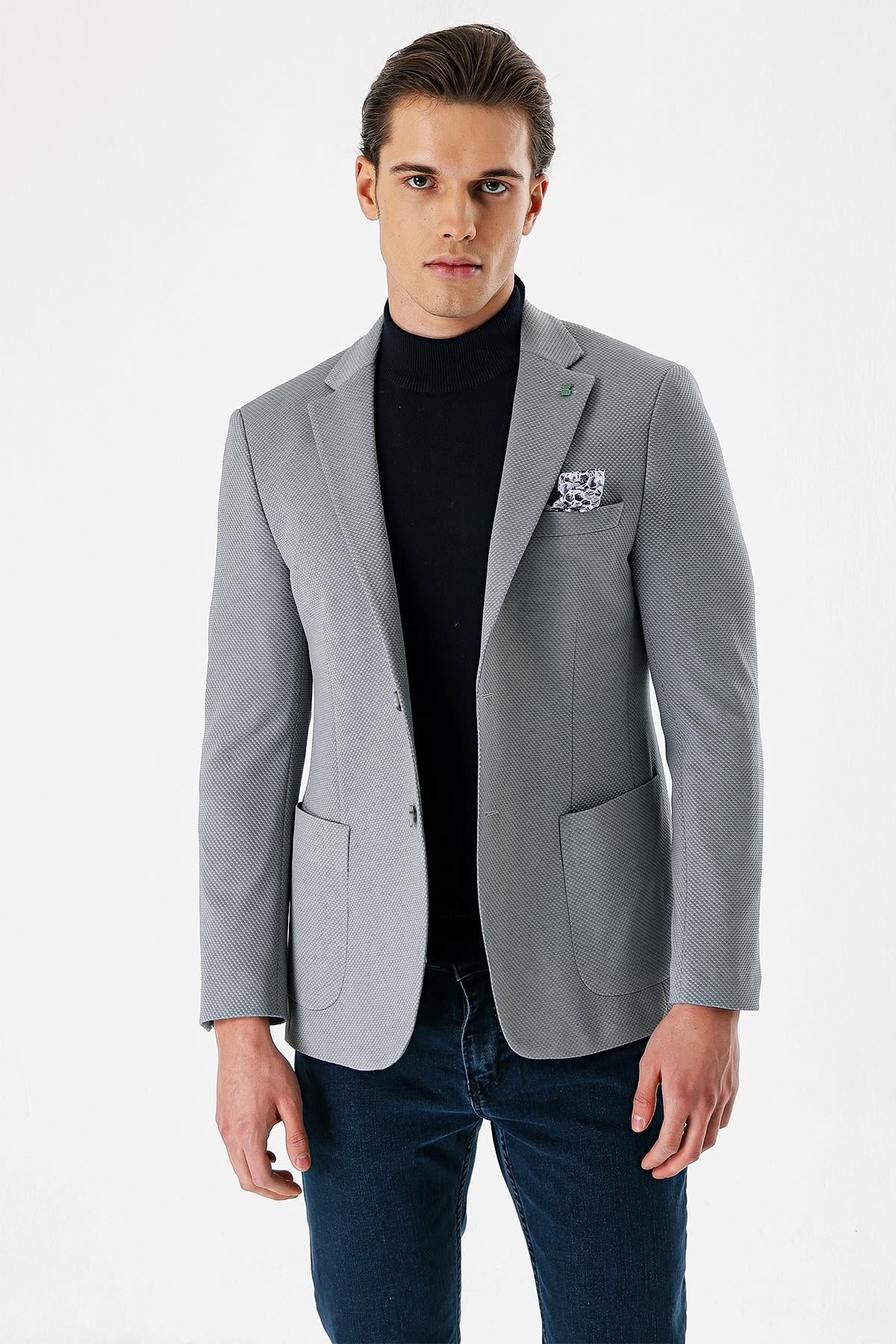 Gri Mono Yaka Astarlı Çift Yırtmaç 6 Drop Slim Fit Klasik Ceket 1002240150