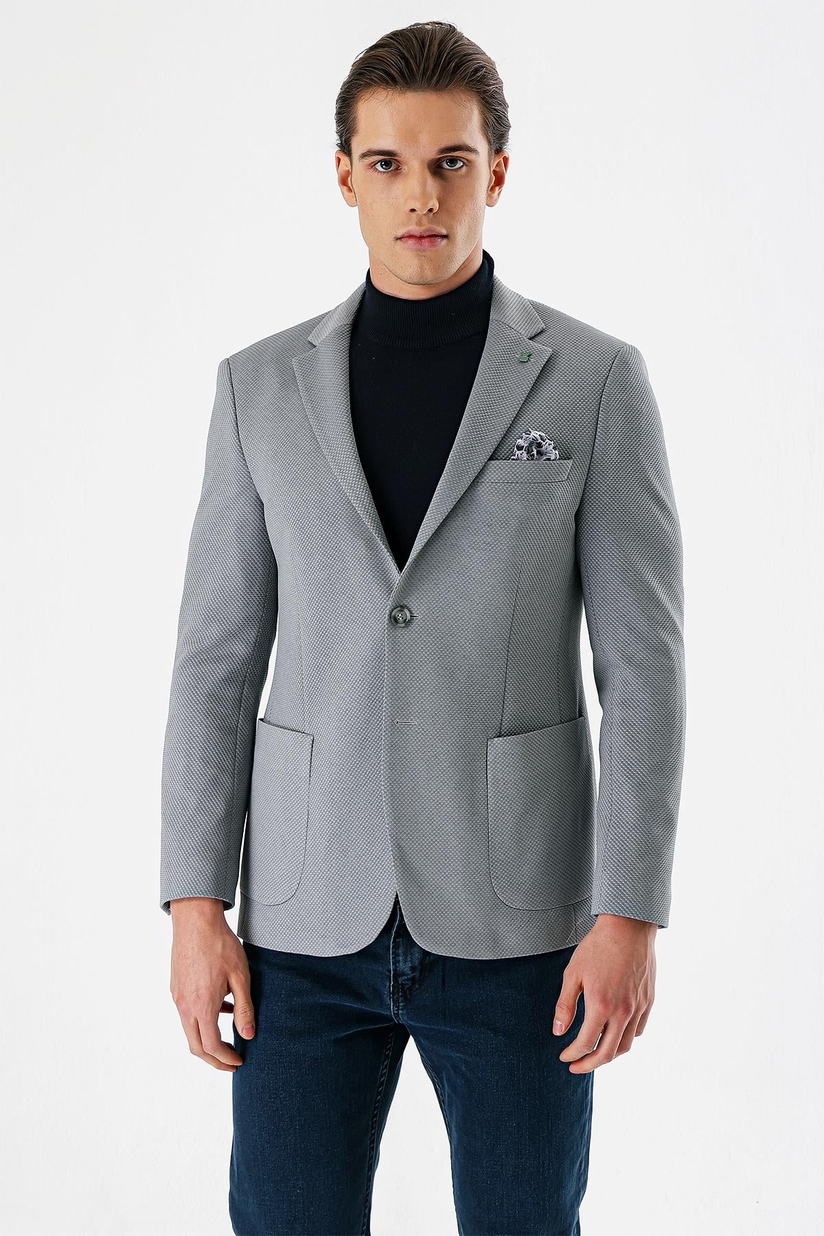 Gri Mono Yaka Astarlı Çift Yırtmaç 6 Drop Slim Fit Klasik Ceket 1002240150