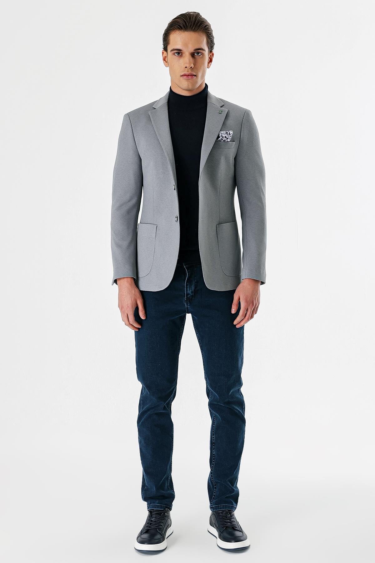 Gri Mono Yaka Astarlı Çift Yırtmaç 6 Drop Slim Fit Klasik Ceket 1002240150