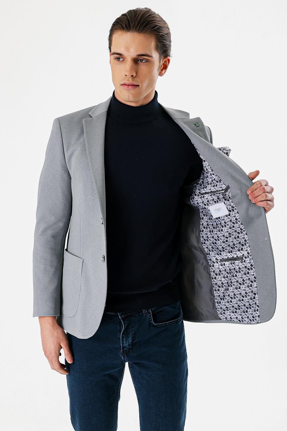 Gri Mono Yaka Astarlı Çift Yırtmaç 6 Drop Slim Fit Klasik Ceket 1002240150