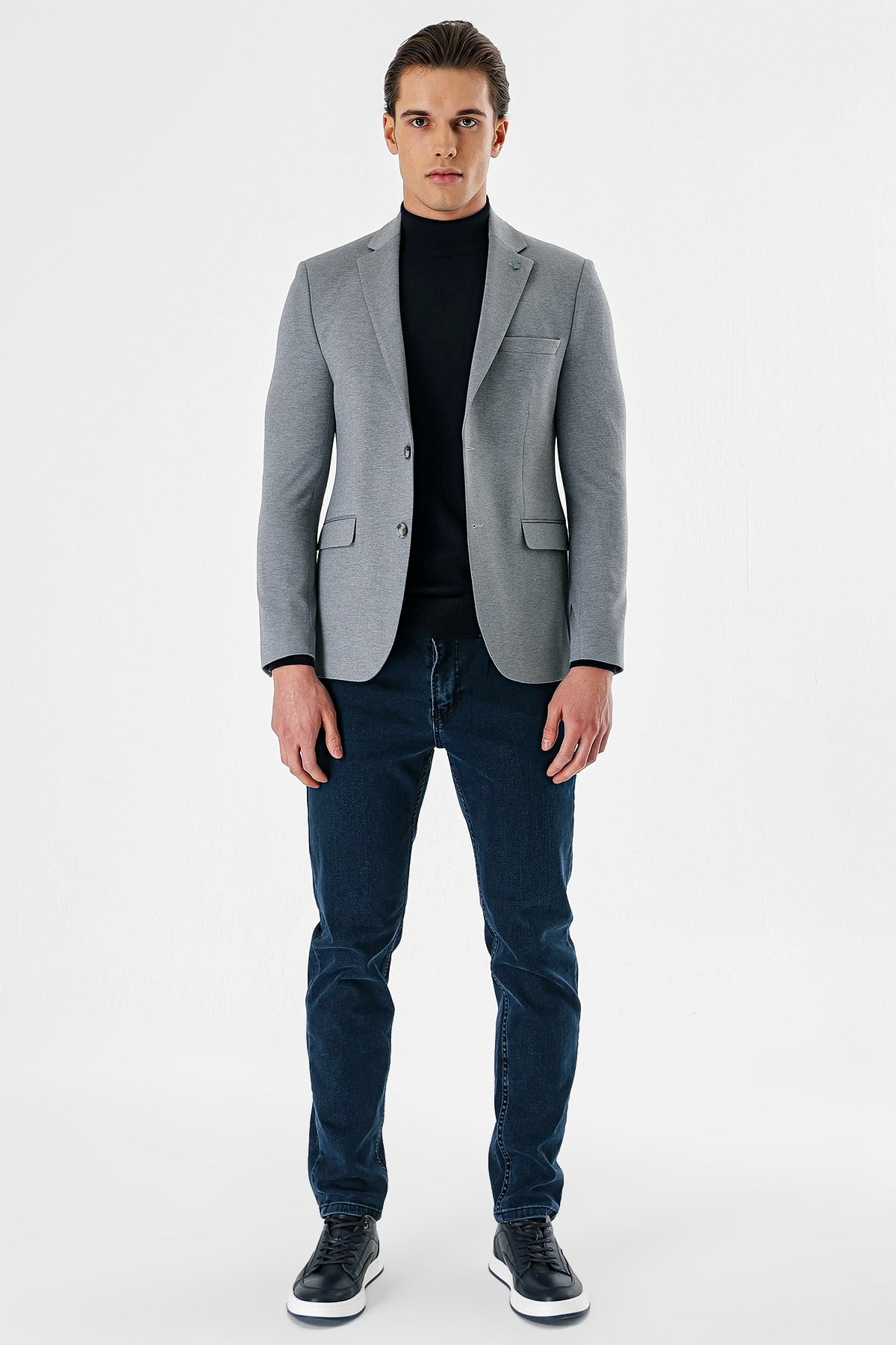 Gri Mono Yaka Çift Yırtmaç Likralı 6 Drop Slim Fit Klasik Ceket 1002240151