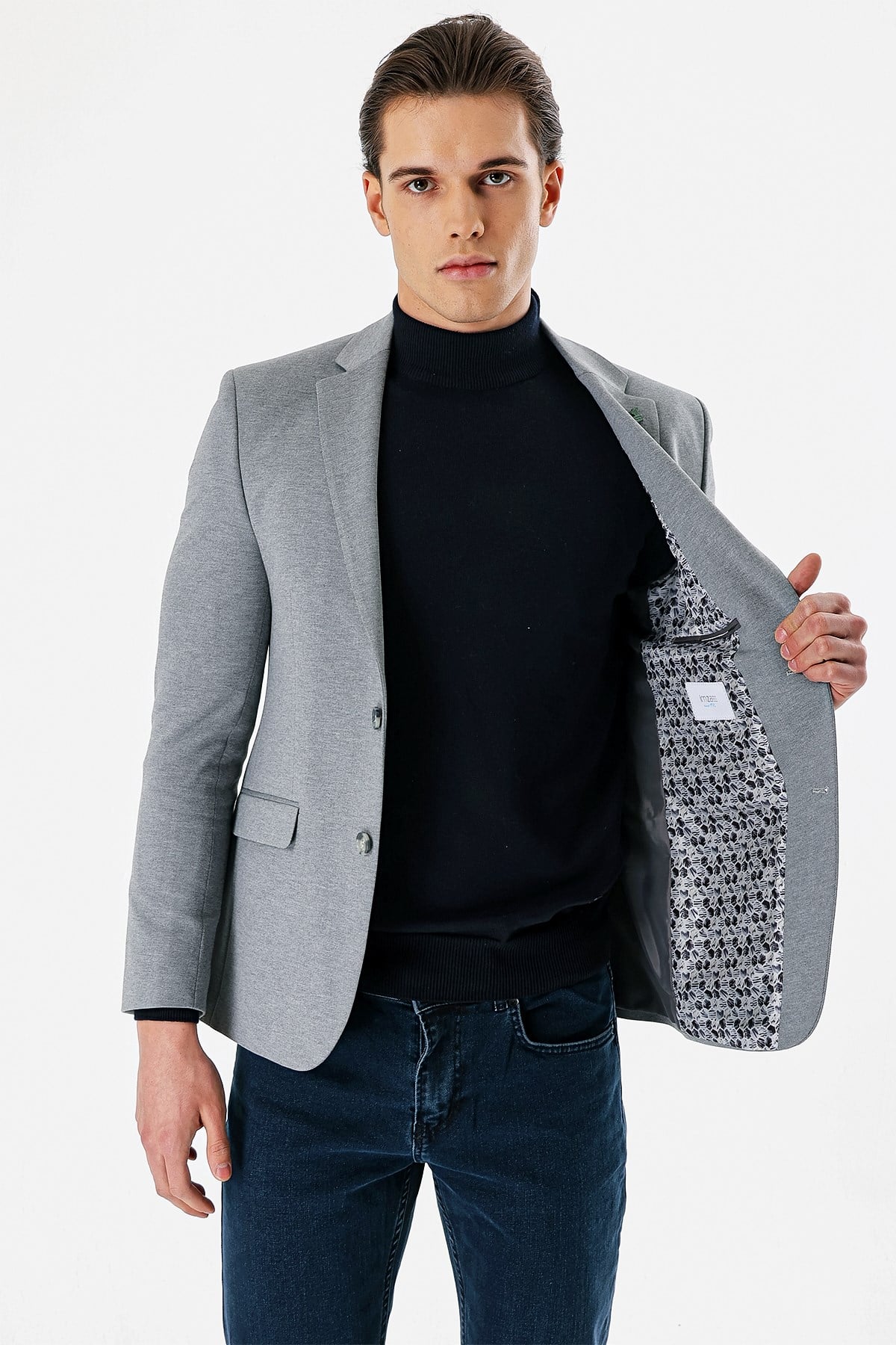 Gri Mono Yaka Çift Yırtmaç Likralı 6 Drop Slim Fit Klasik Ceket 1002240151