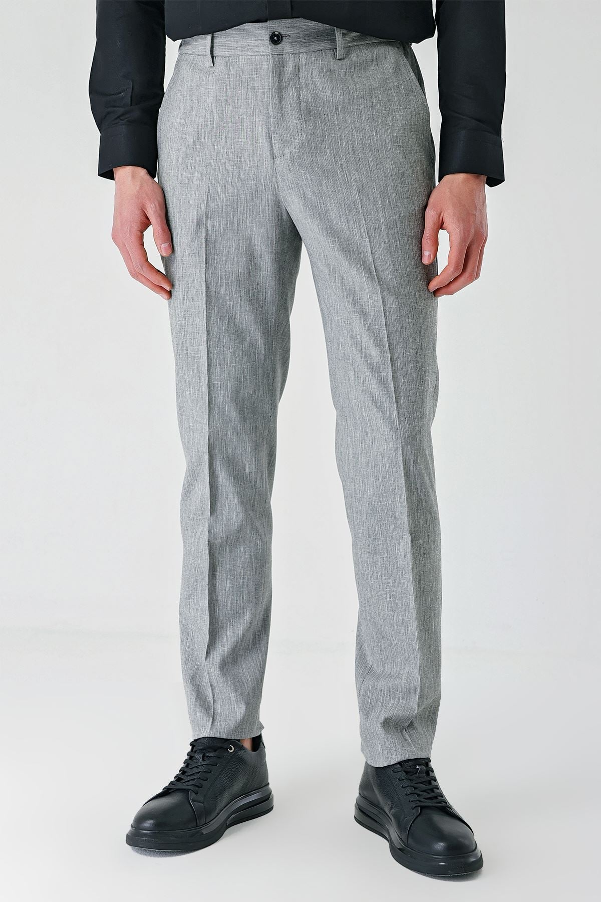 Gri Keten Lastikli Yandan Cepli Casual Slim Fit Jogger Pantolon 1003240103