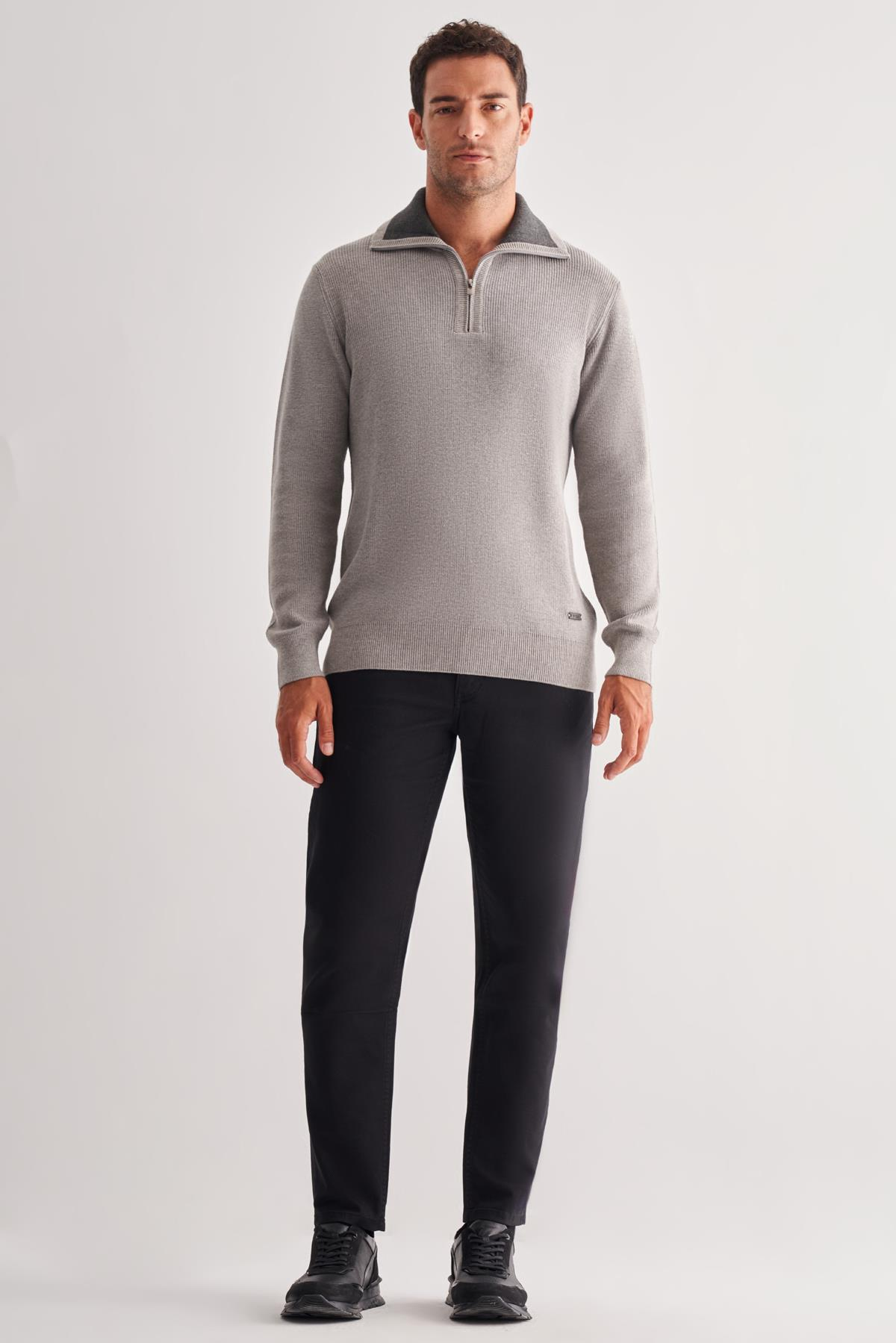 Fermuarlı Yarım Balıkçı Uzun Kol Cepsiz Comfort Fit Casual Pamuklu Triko Kazak 1012255204