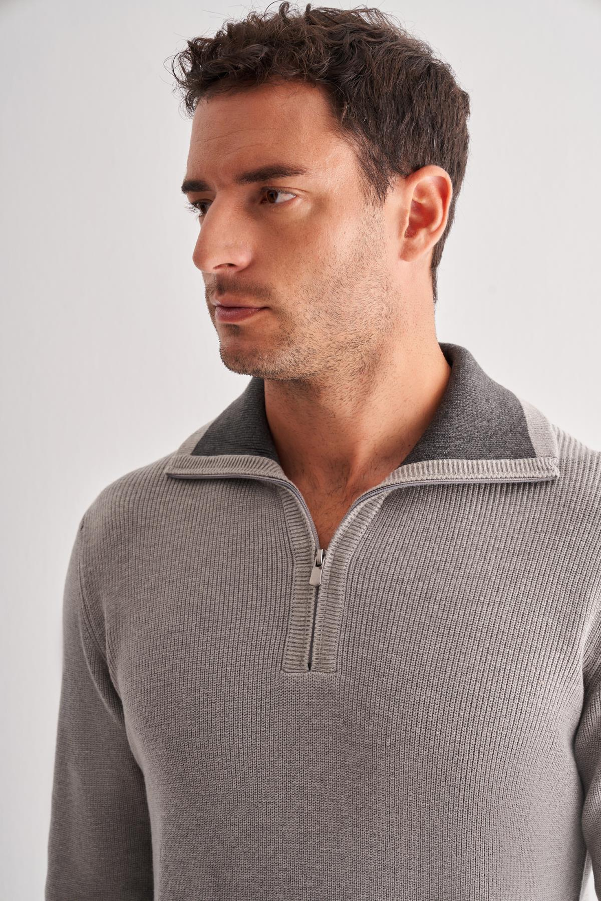 Fermuarlı Yarım Balıkçı Uzun Kol Cepsiz Comfort Fit Casual Pamuklu Triko Kazak 1012255204