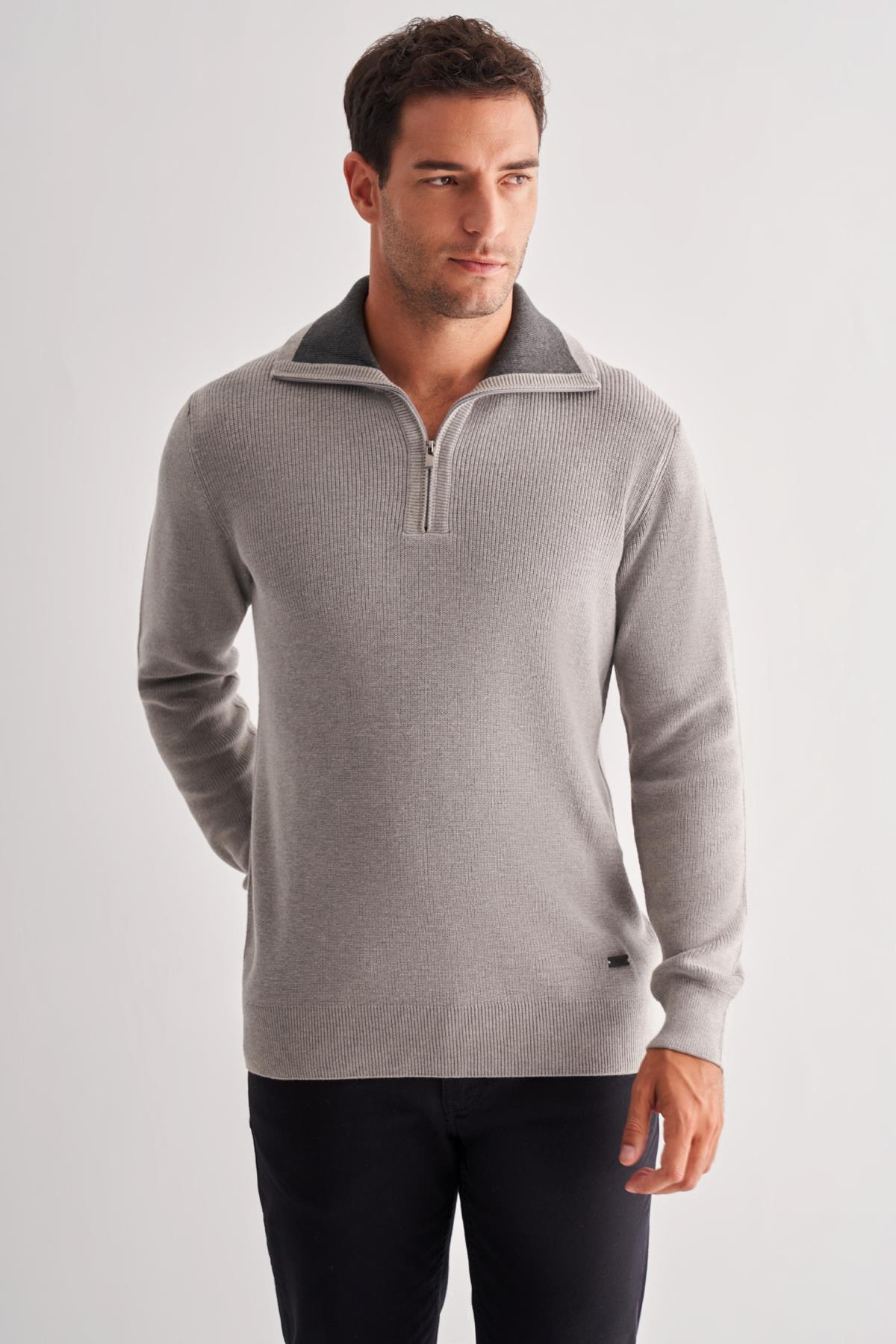 Fermuarlı Yarım Balıkçı Uzun Kol Cepsiz Comfort Fit Casual Pamuklu Triko Kazak 1012255204