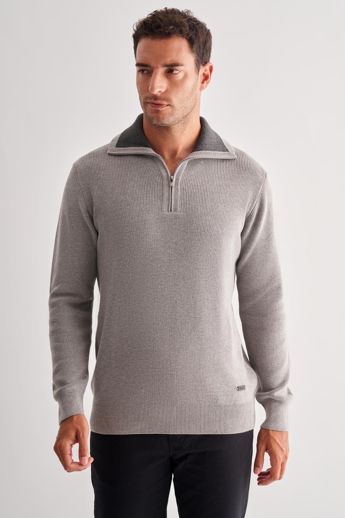 Fermuarlı Yarım Balıkçı Uzun Kol Cepsiz Comfort Fit Casual Pamuklu Triko Kazak 1012255204