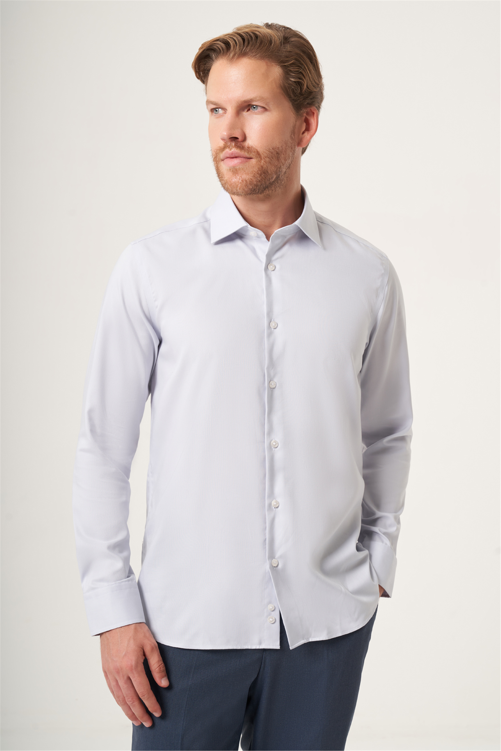 Gri İtalyan Yaka Oxford Slim Fit Kolay Ütü Pamuklu Gömlek 1004265270