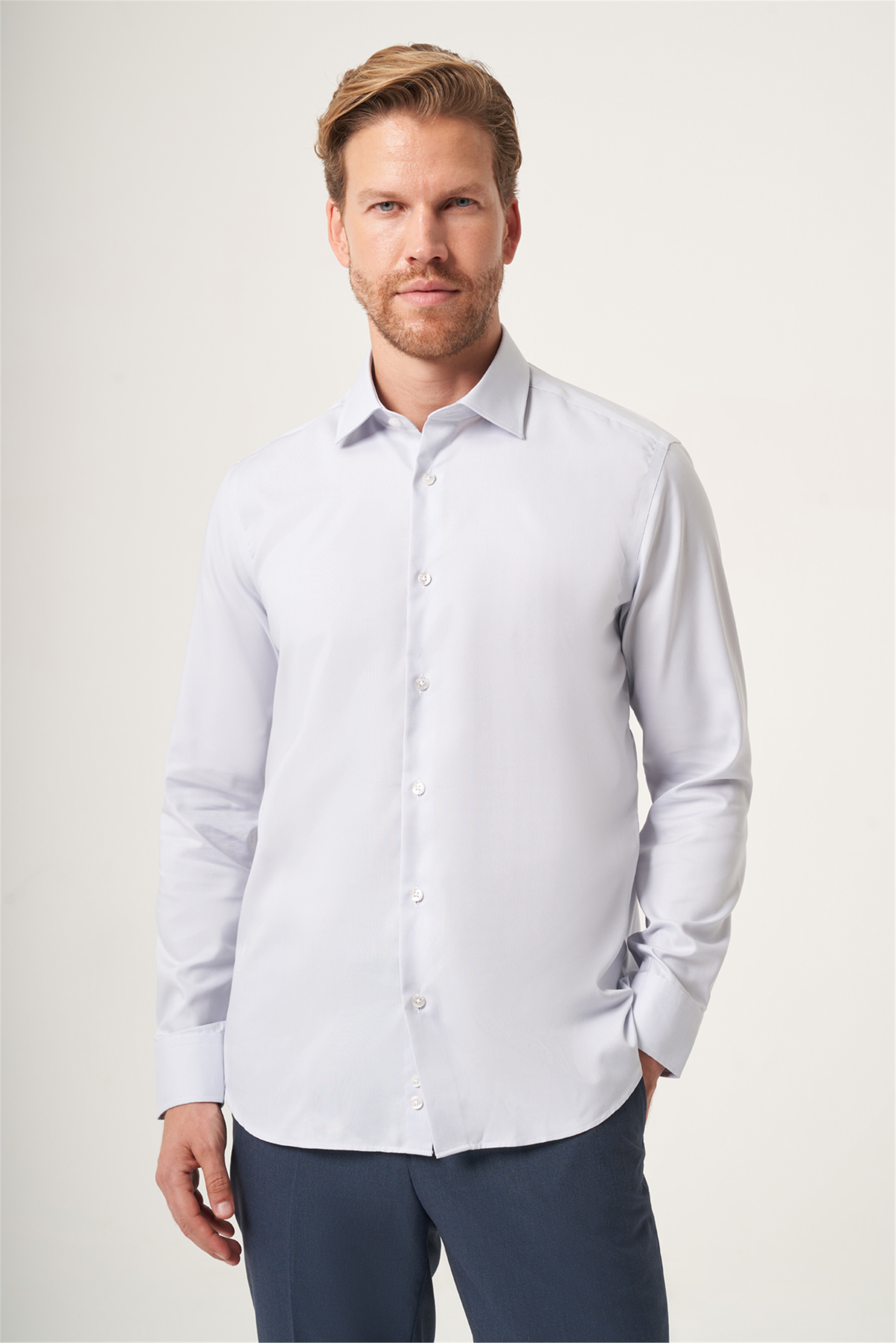 Gri İtalyan Yaka Oxford Slim Fit Kolay Ütü Pamuklu Gömlek 1004265270
